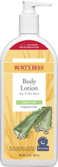 Burts Bees body lotion bottle shows aloe-shea formula ideal for sensitive skin hydration