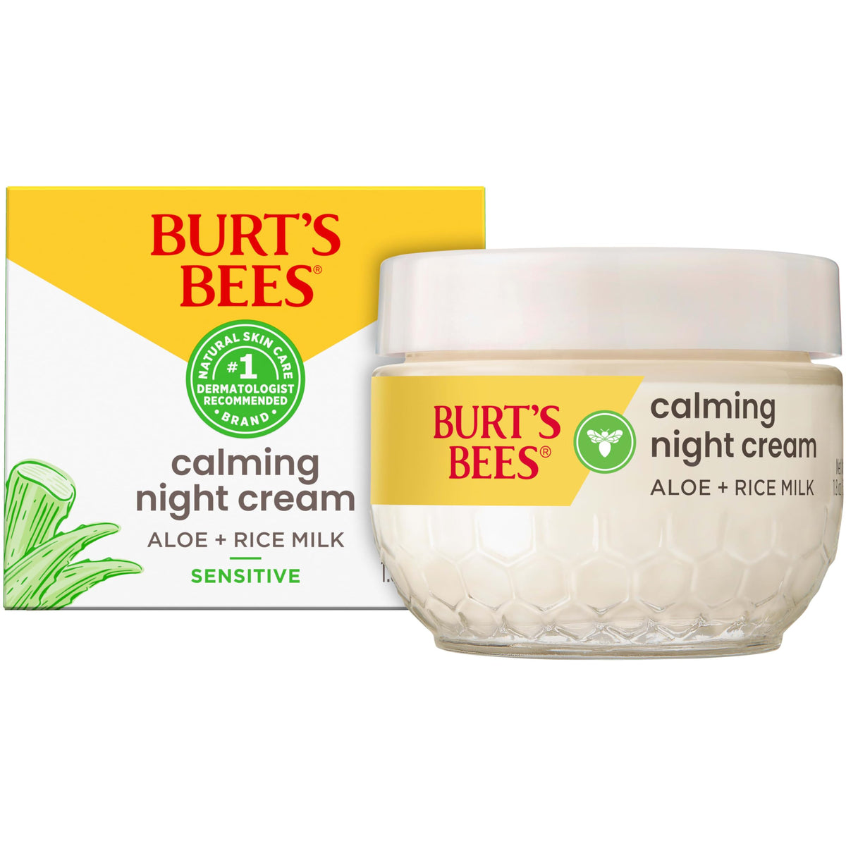 Burt's Bees Calming Night Cream bottle shows soothing nighttime hydration for sensitive skin.