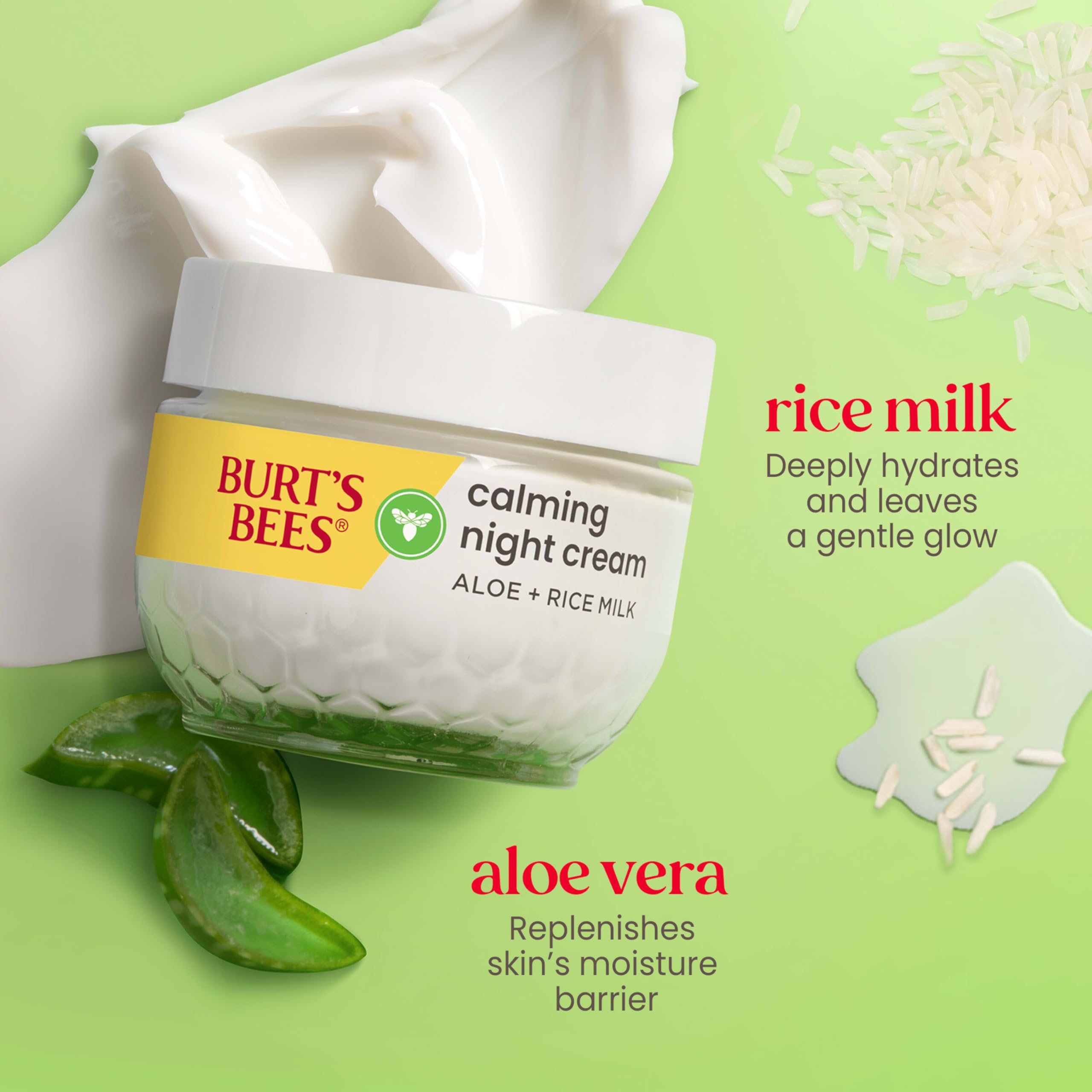 Burt's Bees Calming Night Cream ingredients rice milk entry showcases gentle moisture.