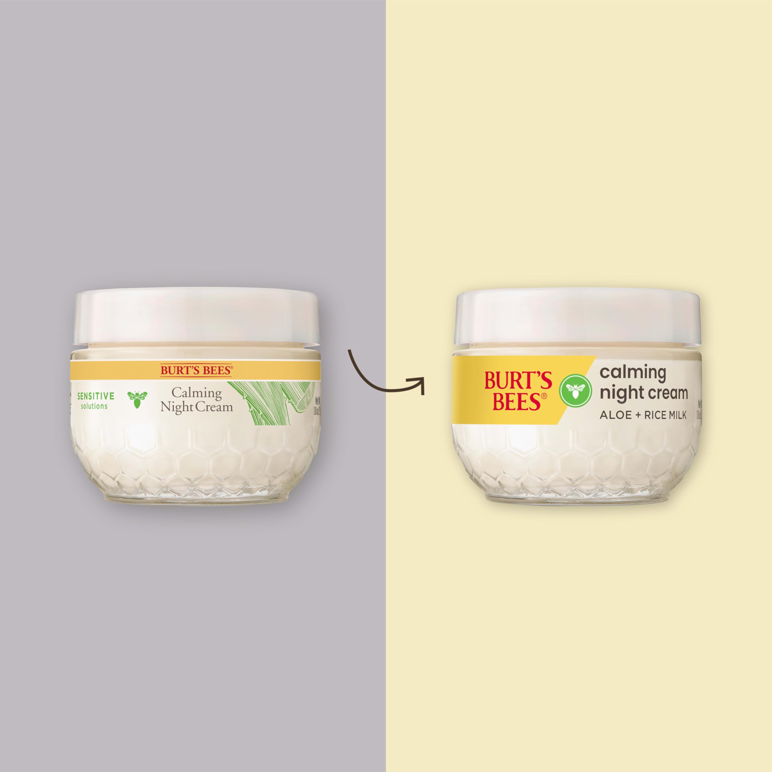 Burt's Bees Calming Night Cream texture closeup highlights creamy fragrance-free formula.