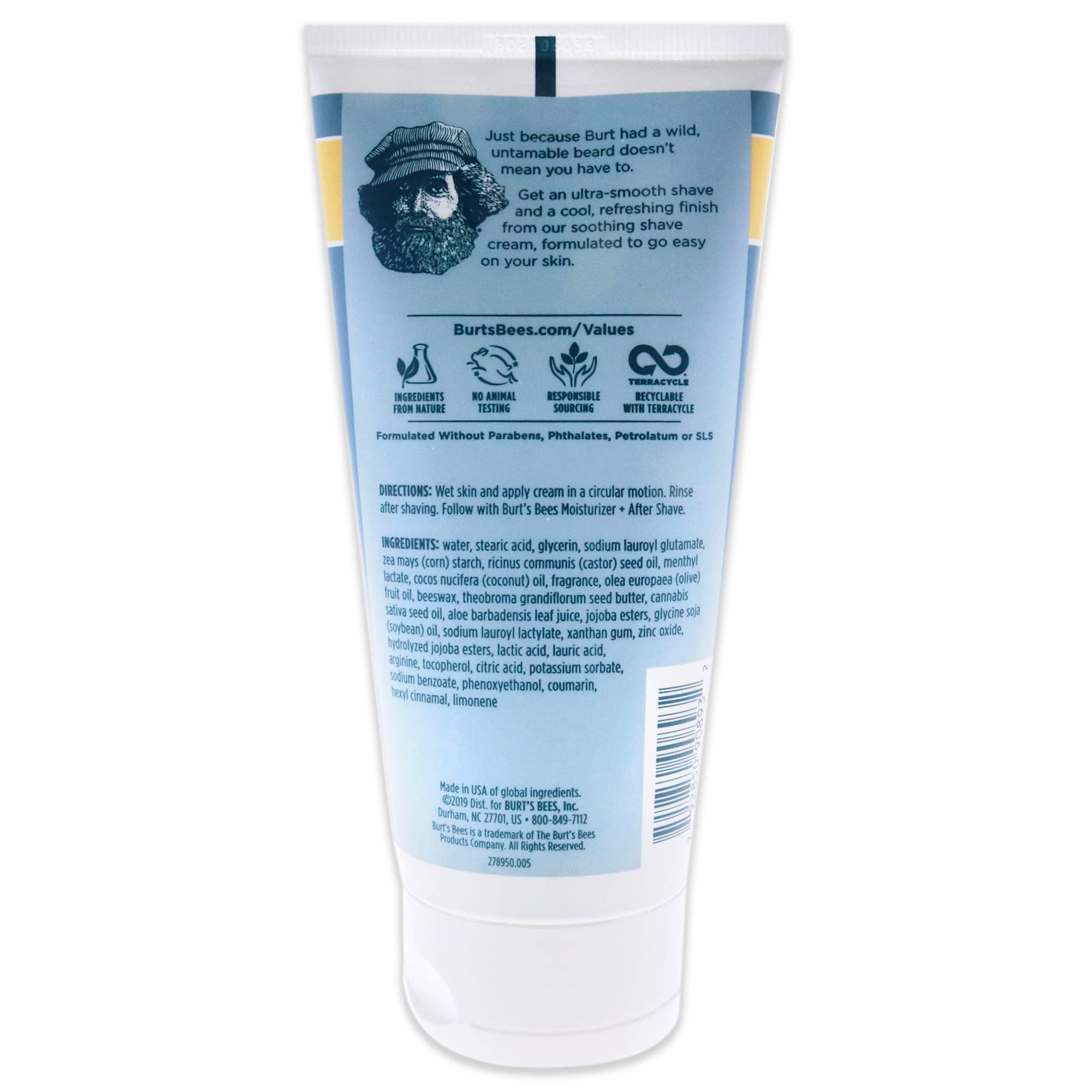 Burts Bees cooling shave cream pack shot 5oz highlights refreshing finish for all skin types.