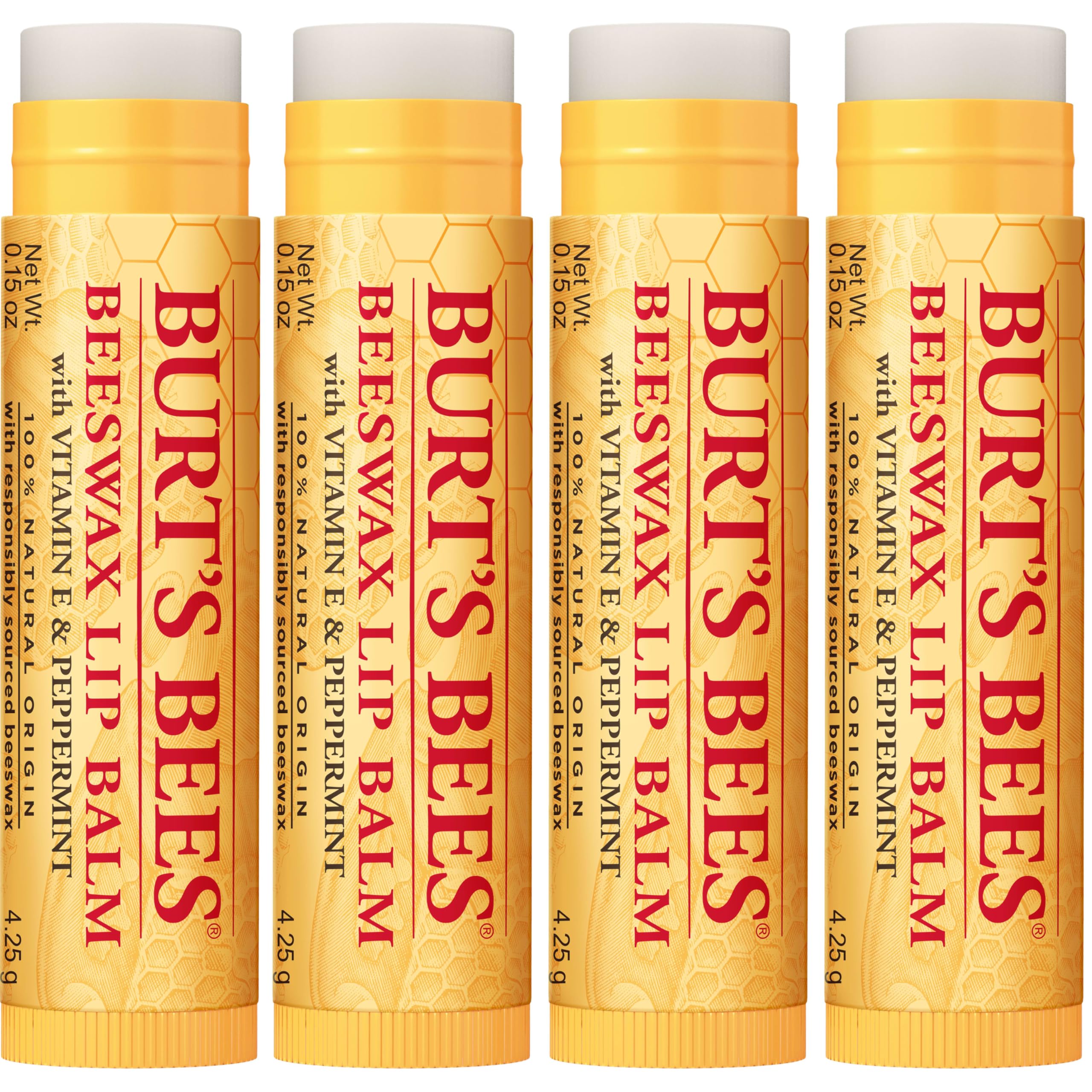 Burt's Bees four-tube pack displayed to emphasize value and on-hand supply