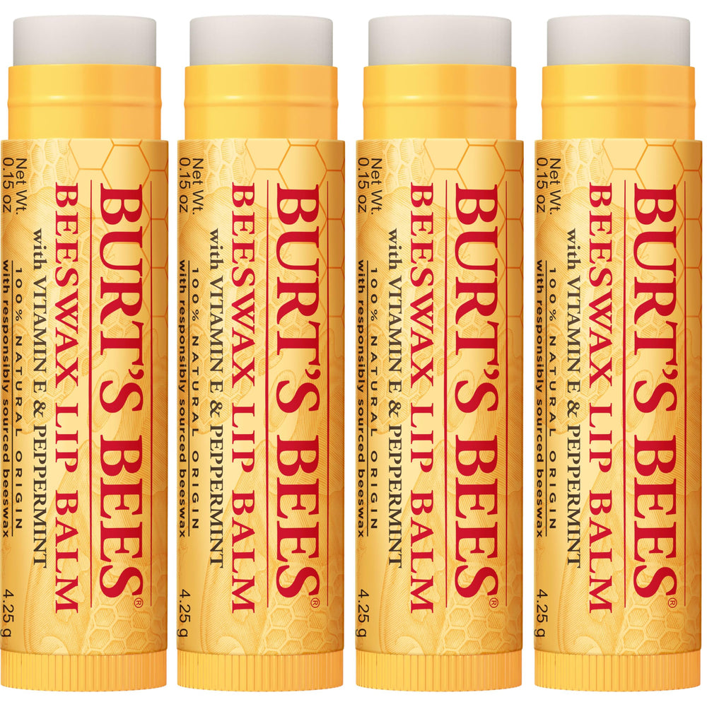 Burt's Bees four-tube pack displayed to emphasize value and on-hand supply