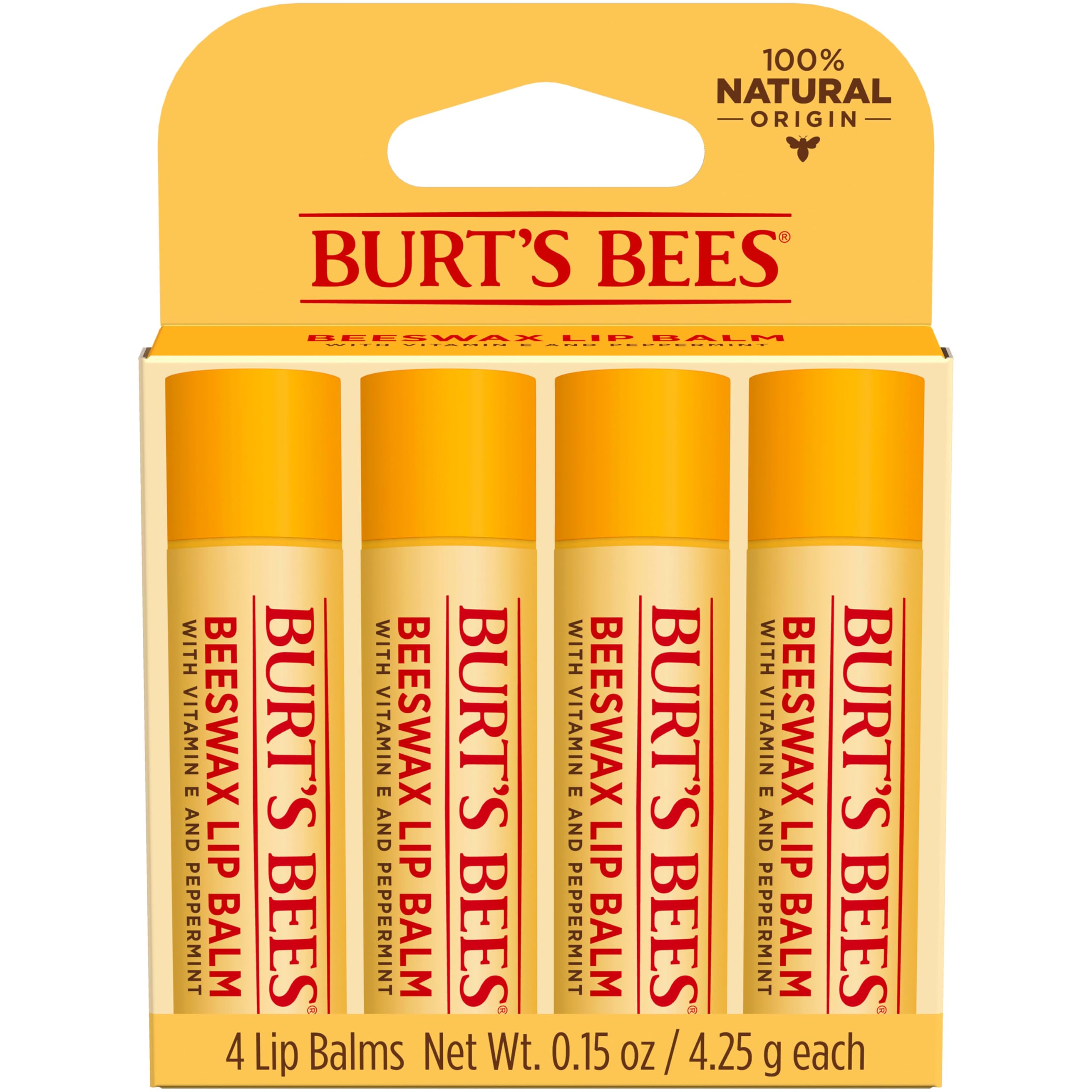 Burt's Bees front packaging showing original beeswax and peppermint benefits