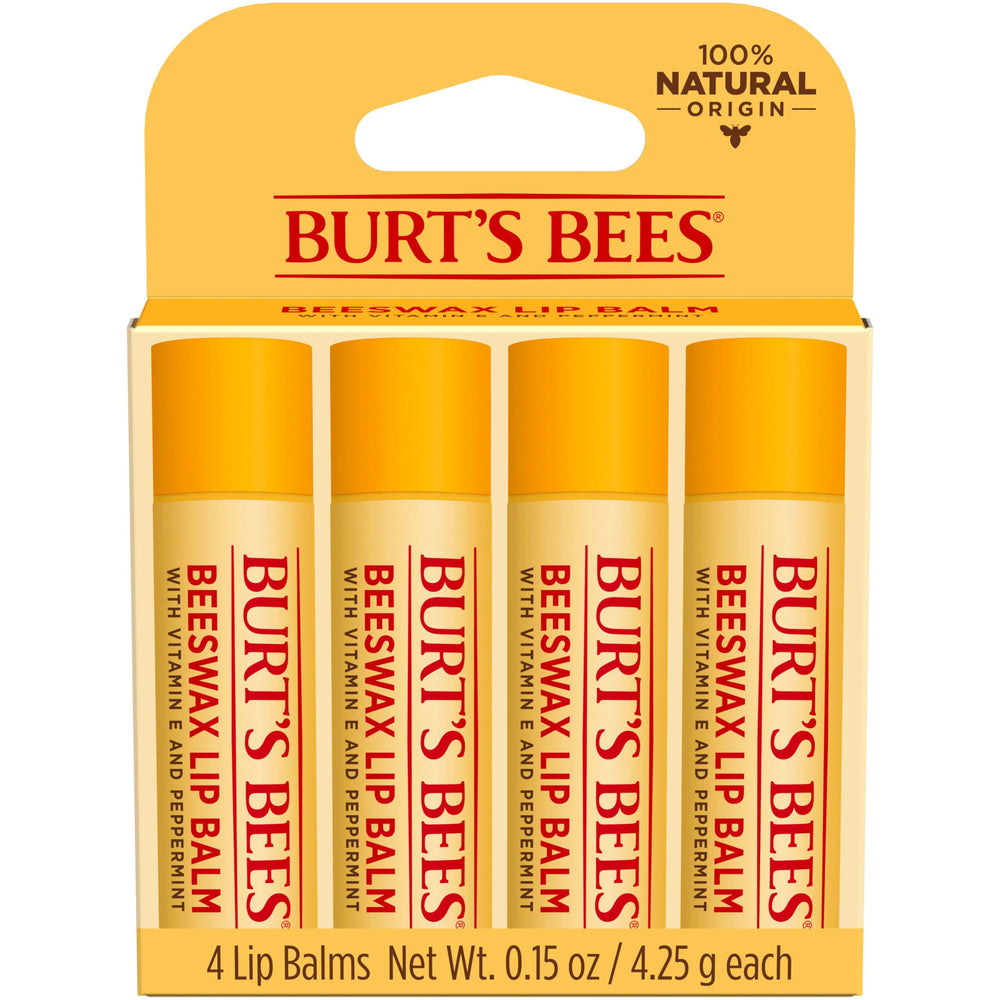 Burt's Bees front packaging showing original beeswax and peppermint benefits