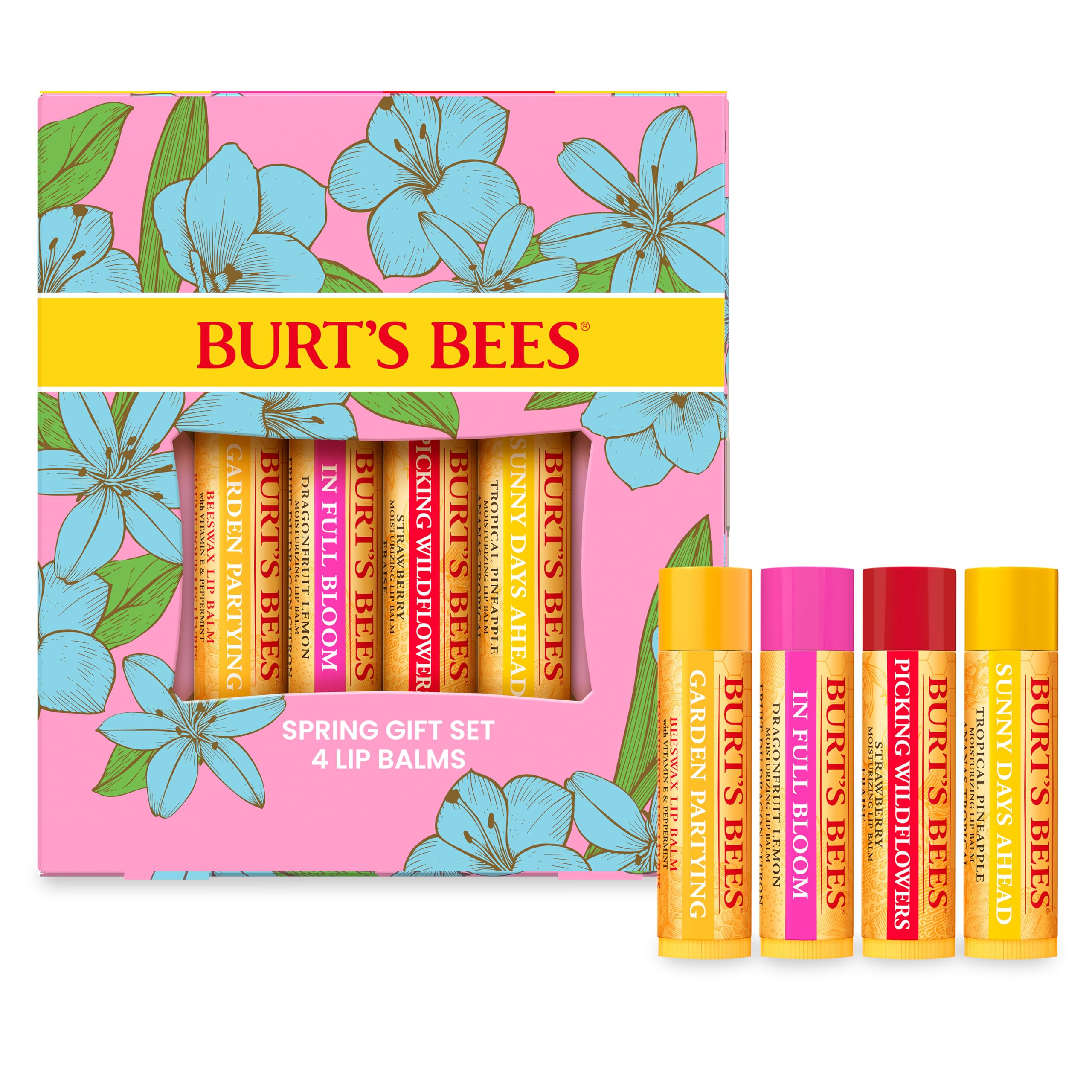 Burt's Bees Full Bloom Gift Box shown, highlighting four lip balms for convenient gifting and hydration.