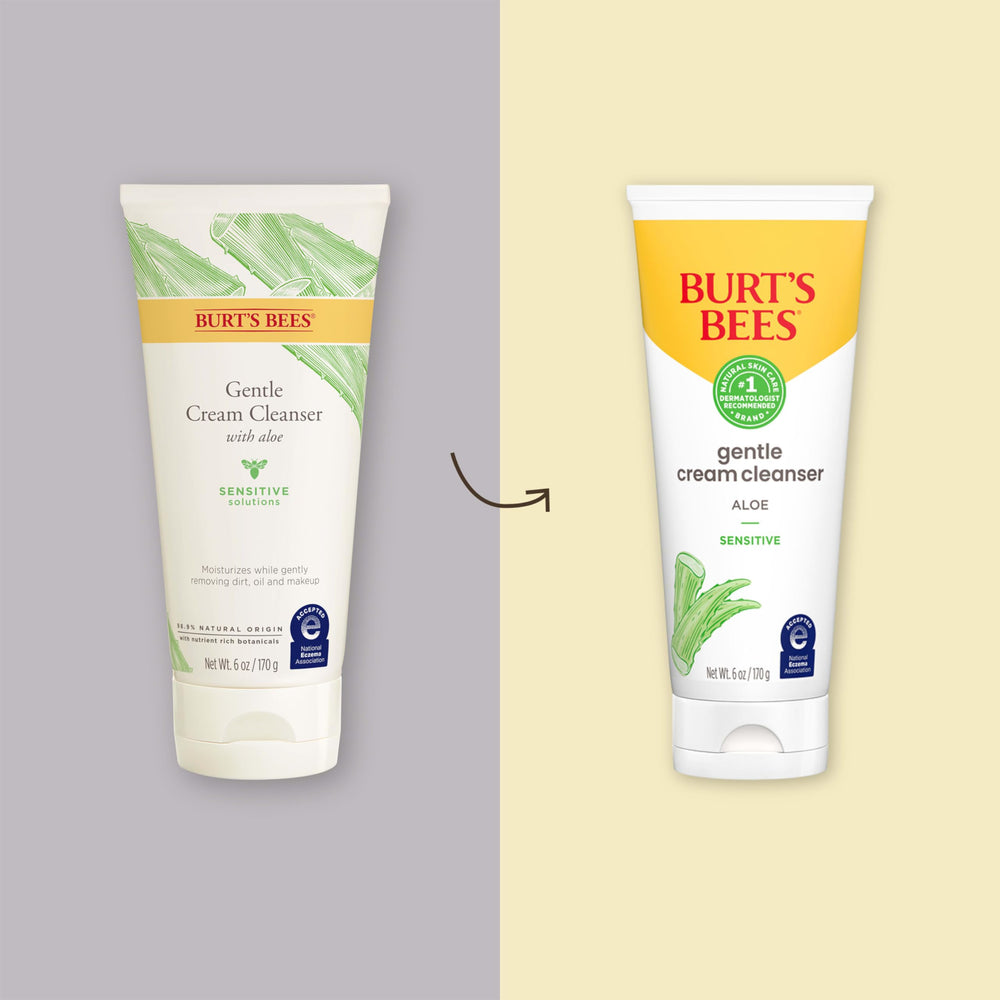 Burt's Bees Gentle Cream Cleanser Aloe label close-up highlights natural-origin formula for daily use