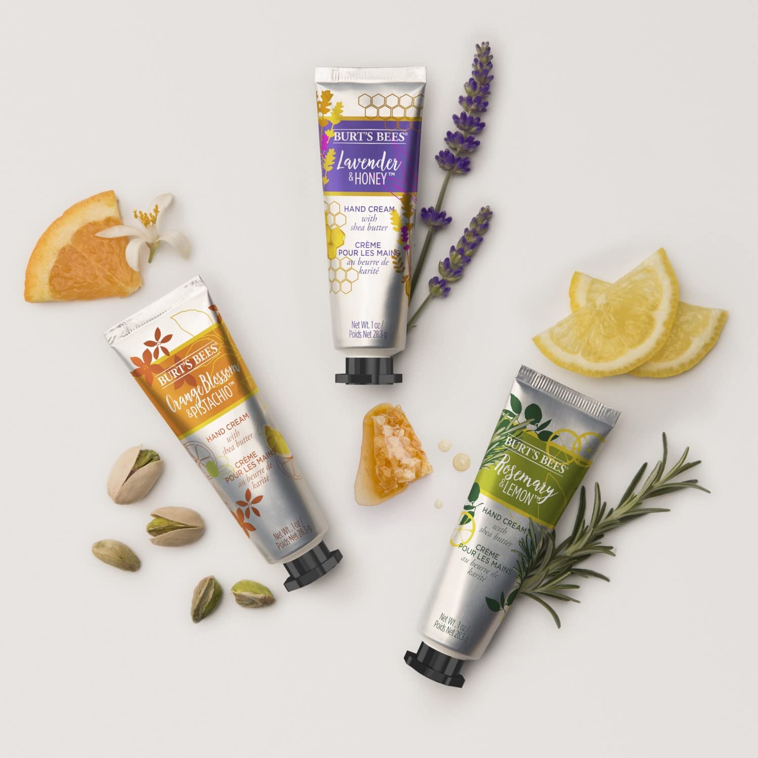 Burt's Bees hand cream packaging captured for purse-friendly travel.