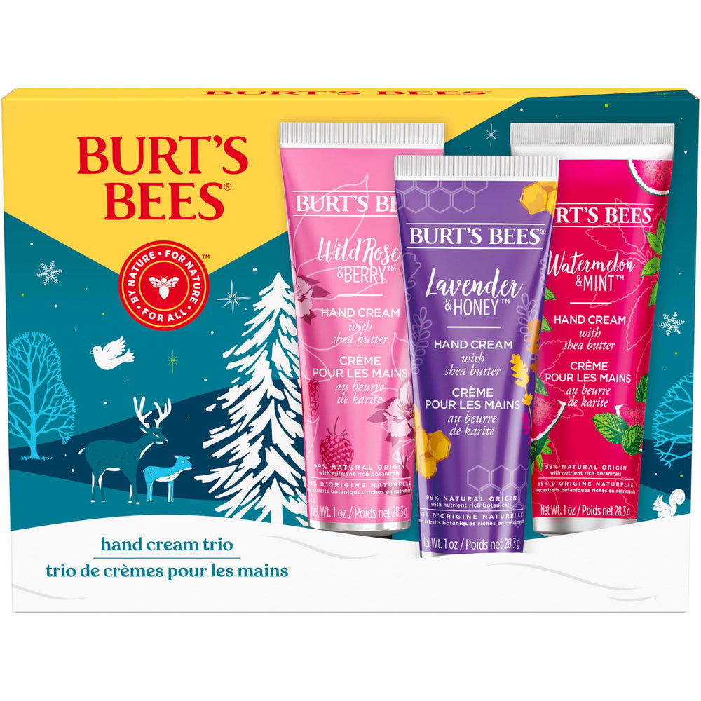Burt's Bees gift-ready hand cream trio on desk, stocking stuffer ready.