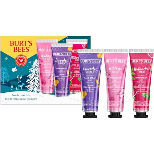 Burt's Bees shelf display with hand cream trio and festive packaging for gifting.