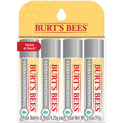 Burt's Bees lip balm 4-pack close-up showing hydrating balm for dry lips.