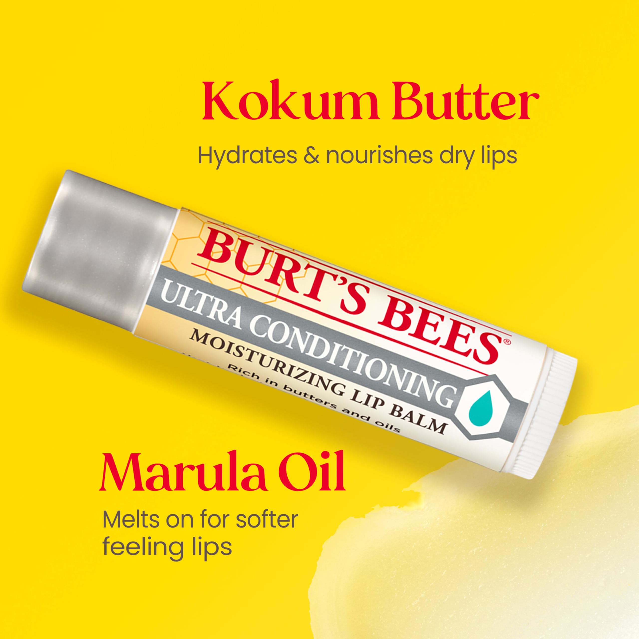 Burt's Bees lip balm 4-pack on a purse display for on-the-go hydration.