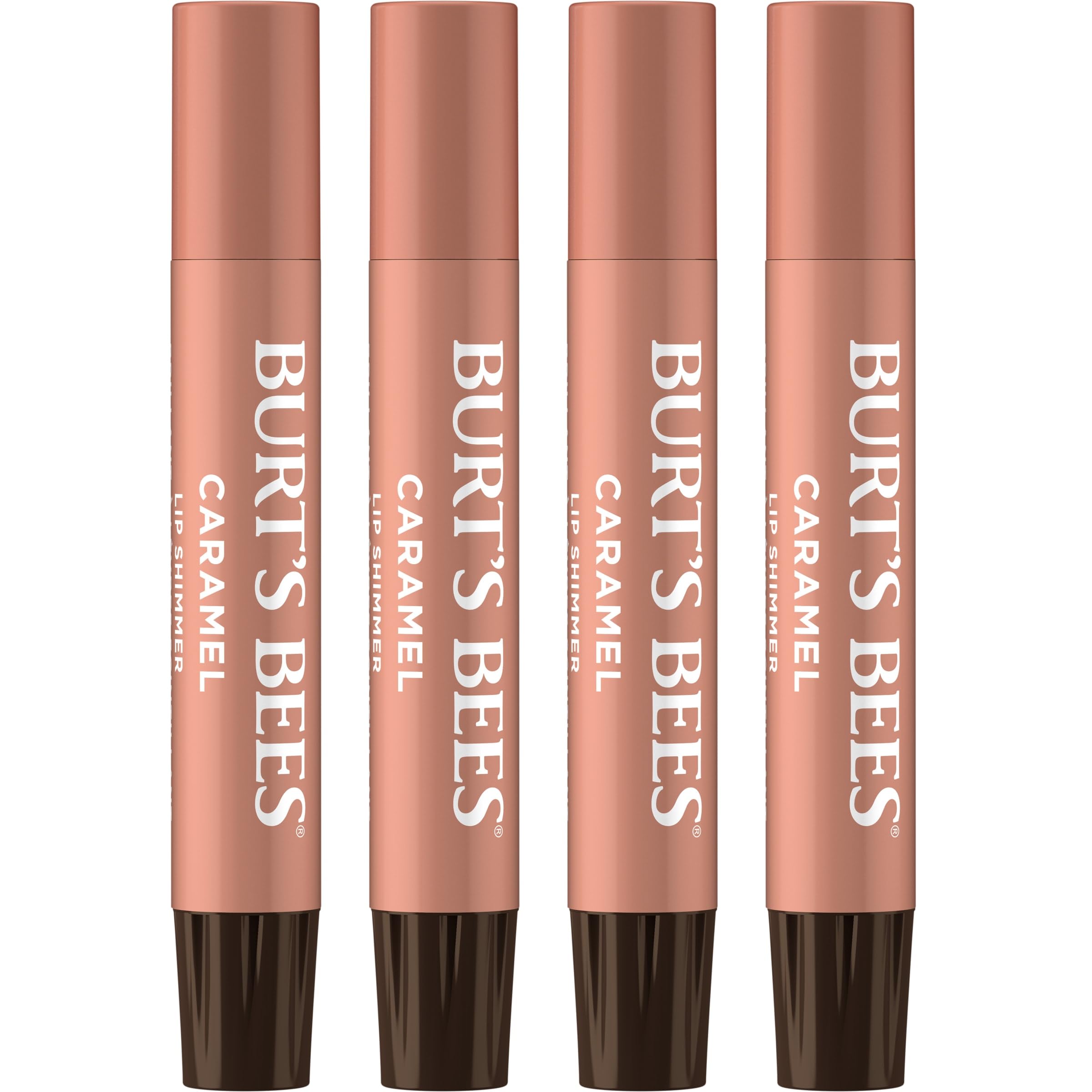 Burt's Bees Lip Shimmer Caramel packshot showing the four-pack set with moisturizing tint.