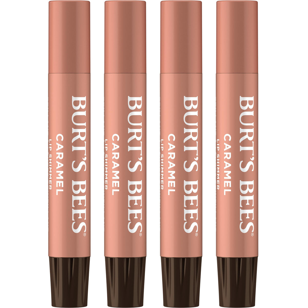Burt's Bees Lip Shimmer Caramel packshot showing the four-pack set with moisturizing tint.