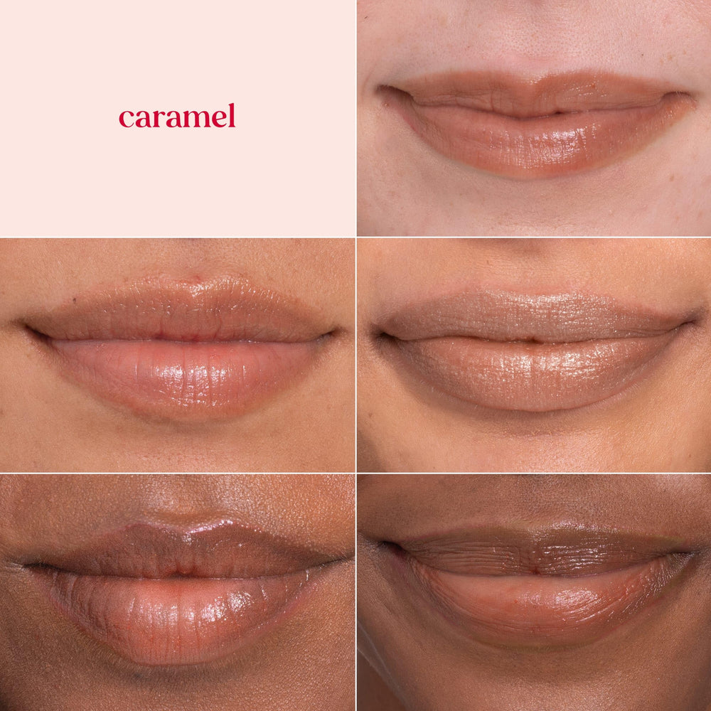 Burt's Bees Lip Shimmer Caramel lip close-up showing glow and hydration.