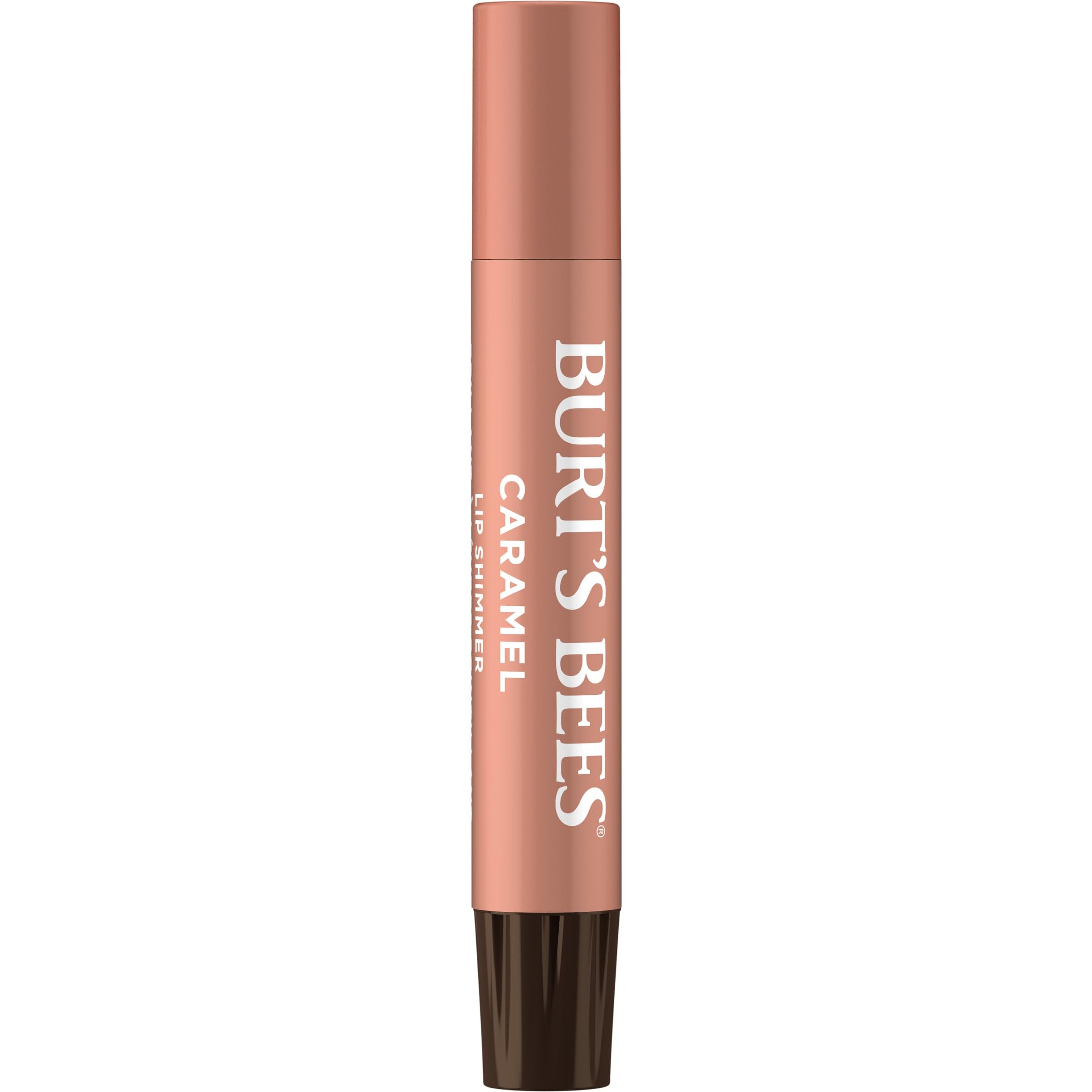 Burt's Bees Lip Shimmer Caramel tube opened to reveal creamy tint and shine.