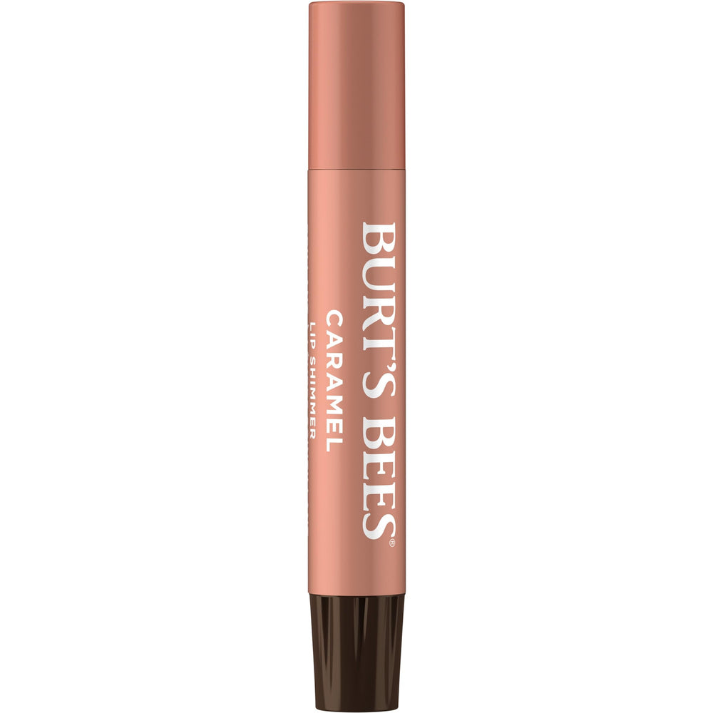 Burt's Bees Lip Shimmer Caramel tube opened to reveal creamy tint and shine.