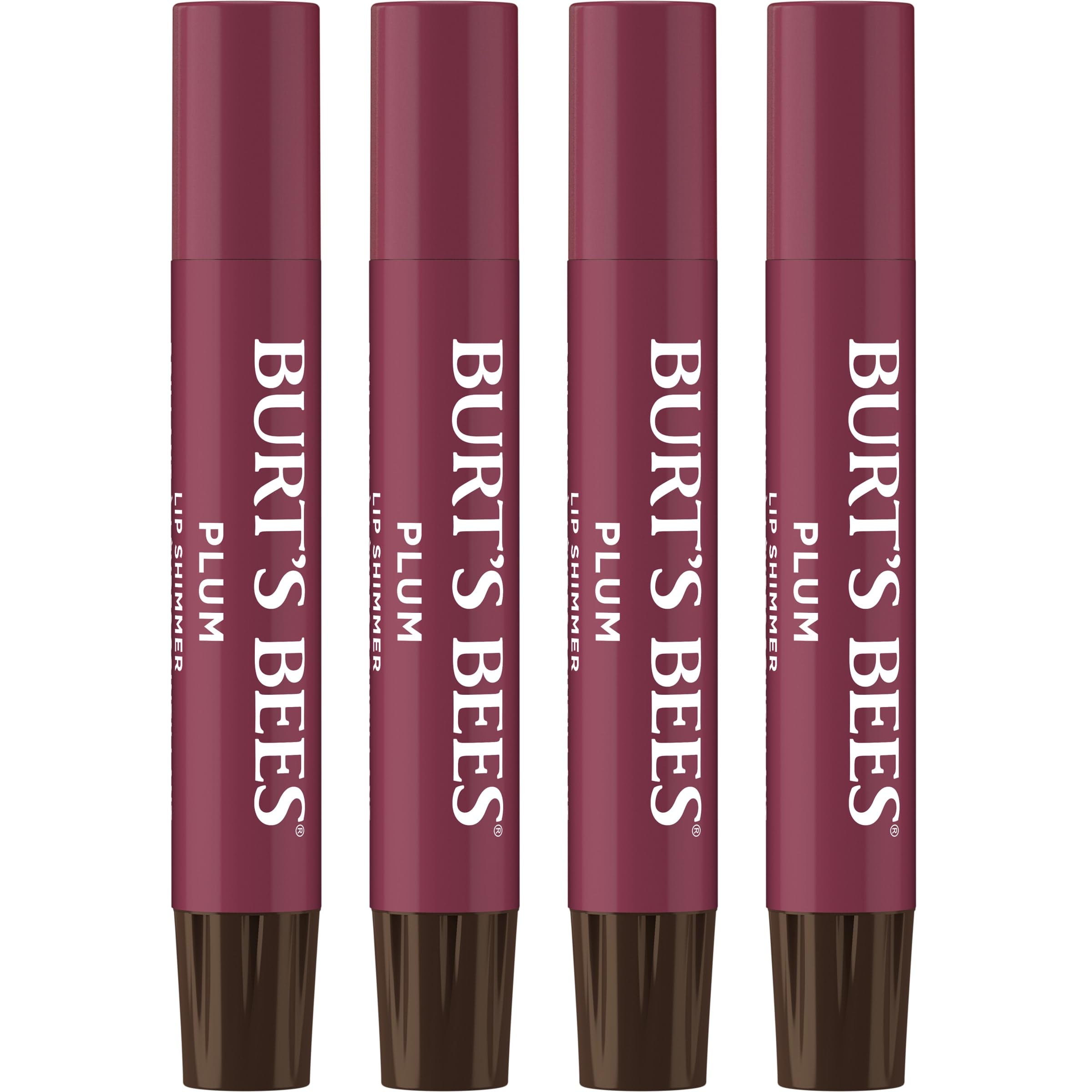 Burt's Bees Lip Shimmer Plum 4-pack pack shot showing shimmering, natural lip color.