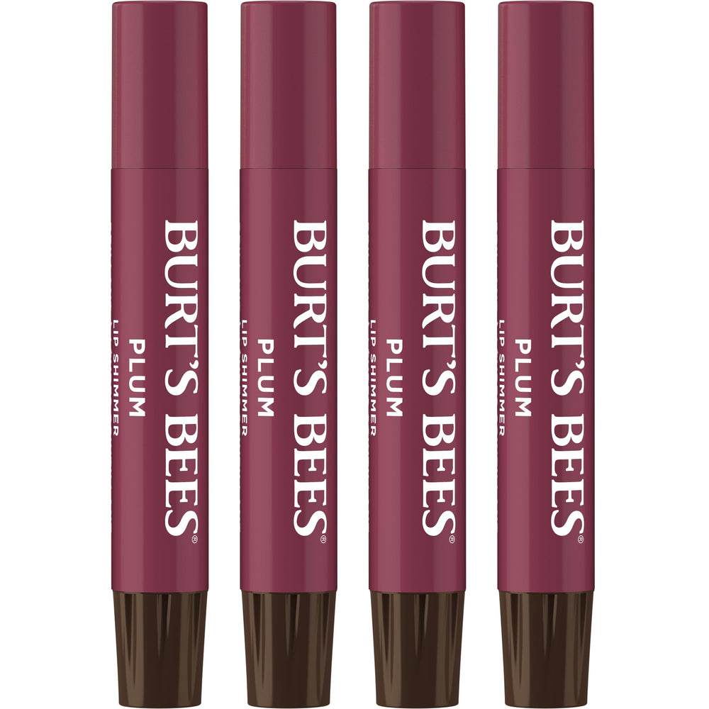 Burt's Bees Lip Shimmer Plum 4-pack pack shot showing shimmering, natural lip color.