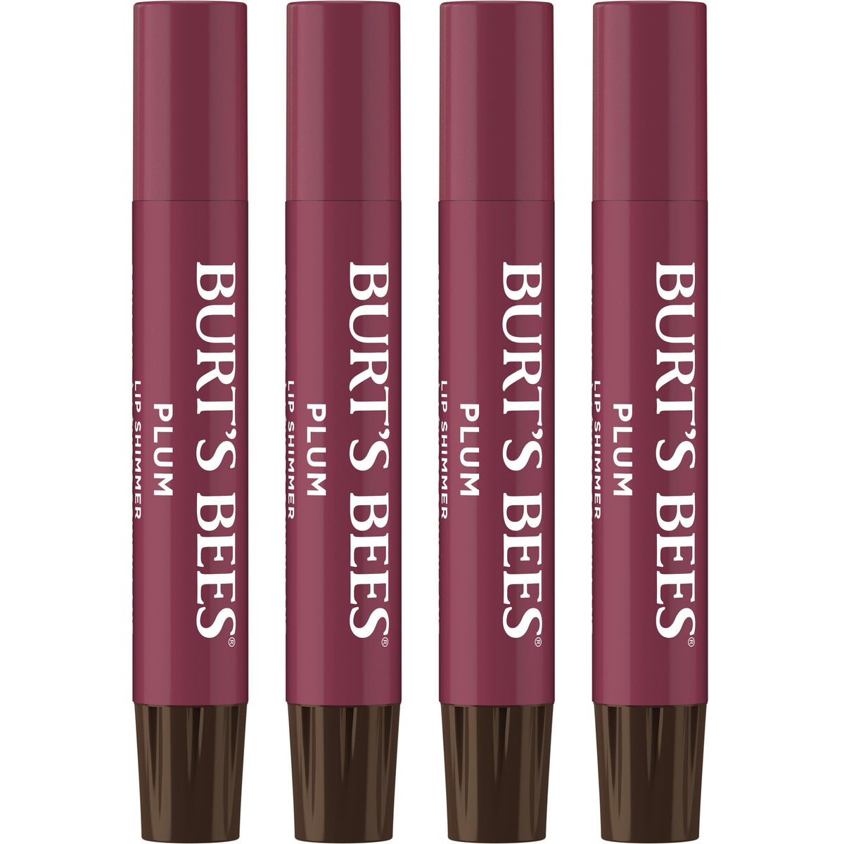 Burt's Bees Lip Shimmer Plum 4-pack pack shot showing shimmering, natural lip color.