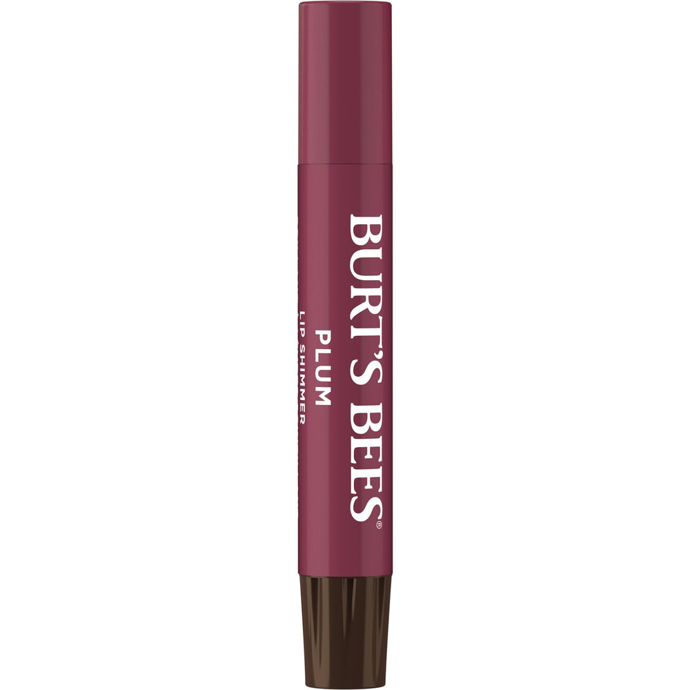 Burt's Bees Lip Shimmer Plum swatch on finger previewing buildable plum shade.