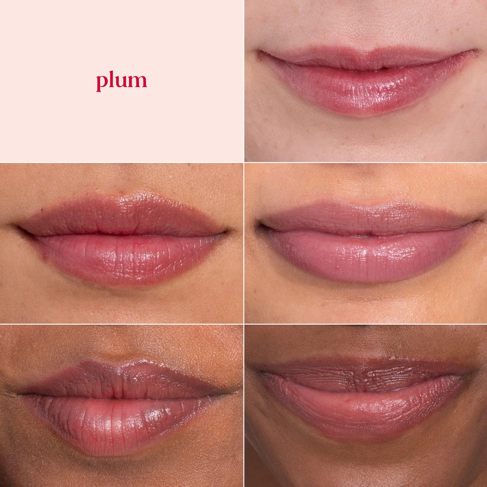 Burt's Bees Lip Shimmer Plum deep plum color on lips for everyday wear.