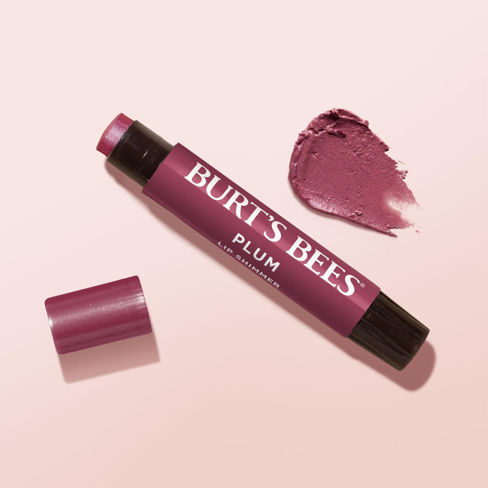 Burt's Bees Lip Shimmer Plum recyclable carton packaging shown.