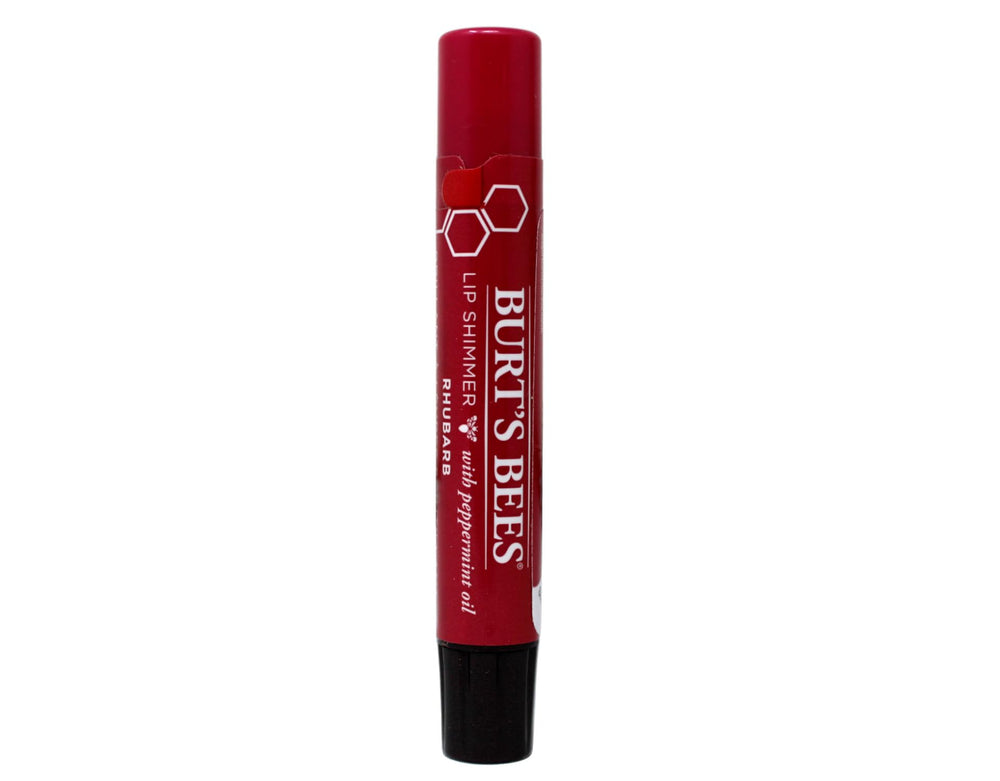 Burt's Bees Lip Shimmer Rhubarb swatches highlight a soft berry hue with a subtle shimmer.