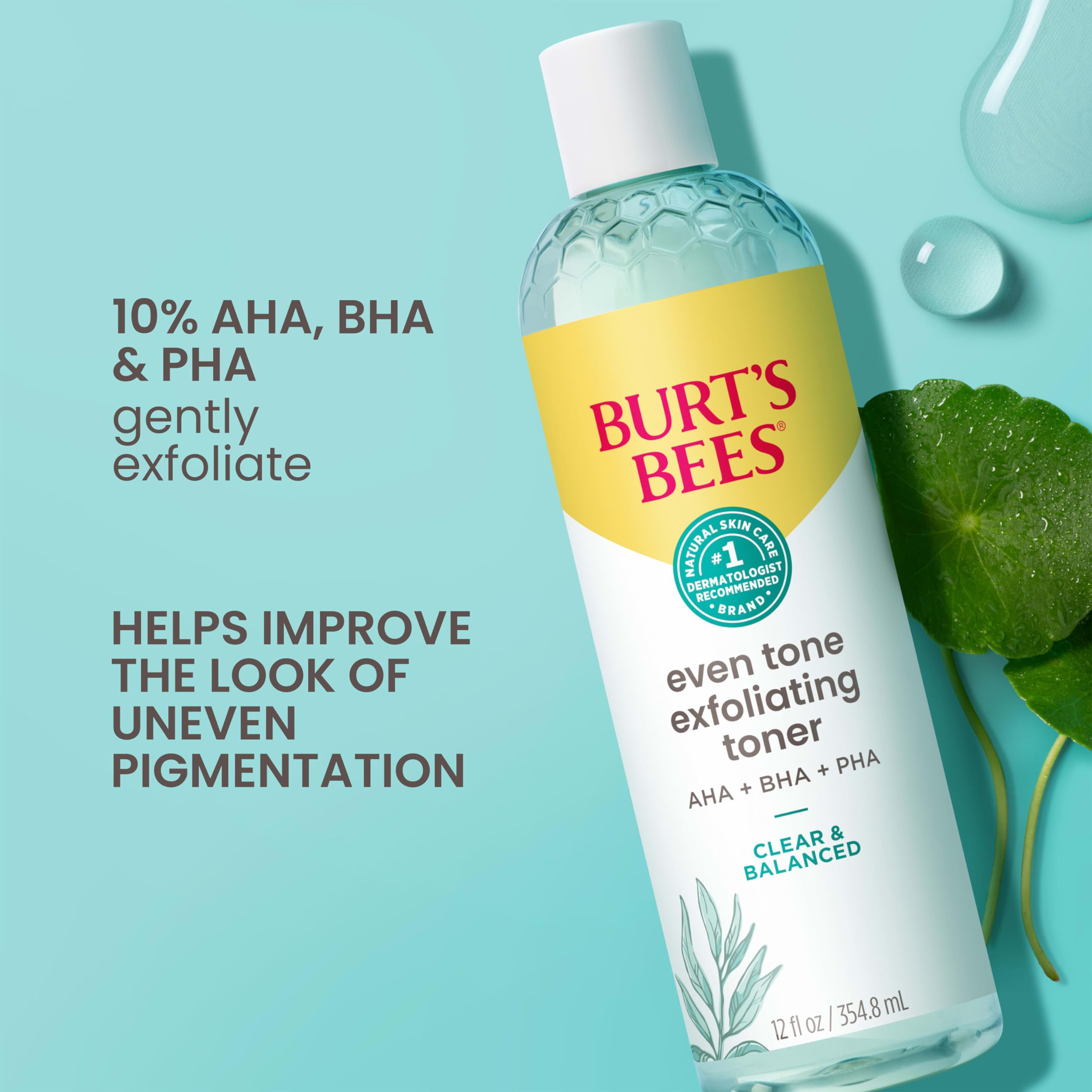 Burt's Bees liquid exfoliator pump bottle ready for nightly routine to help brighten pores