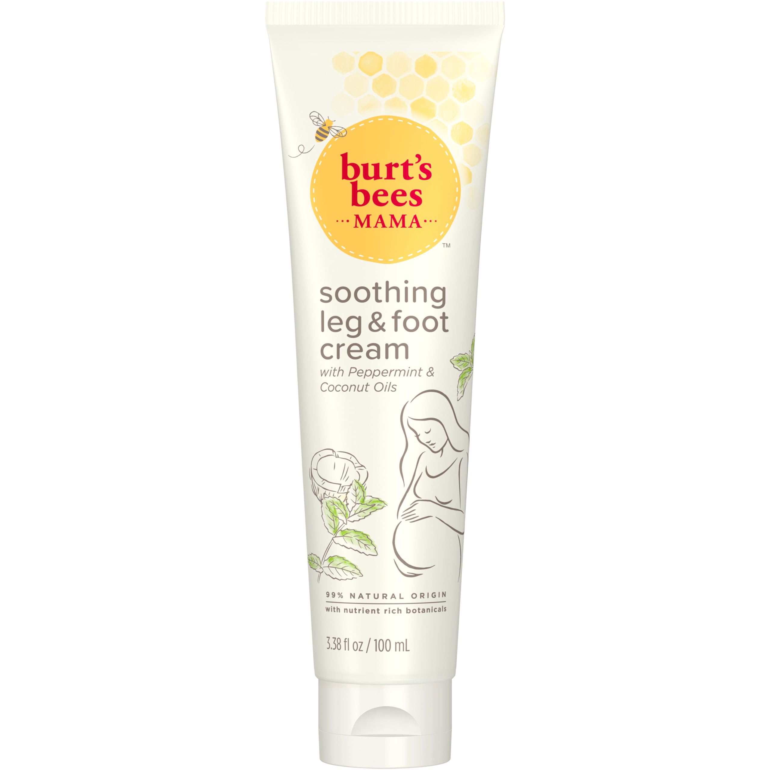 Burt's Bees Mama Bee leg-foot cream jar close-up showing cooling relief