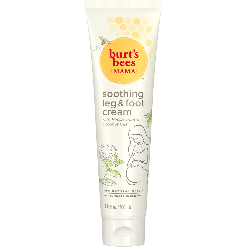 Burt's Bees Mama Bee leg-foot cream jar close-up showing cooling relief