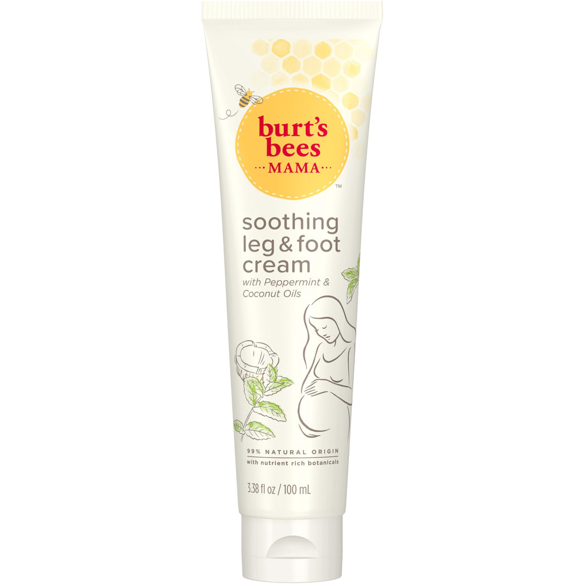 Burt's Bees Mama Bee leg-foot cream jar close-up showing cooling relief