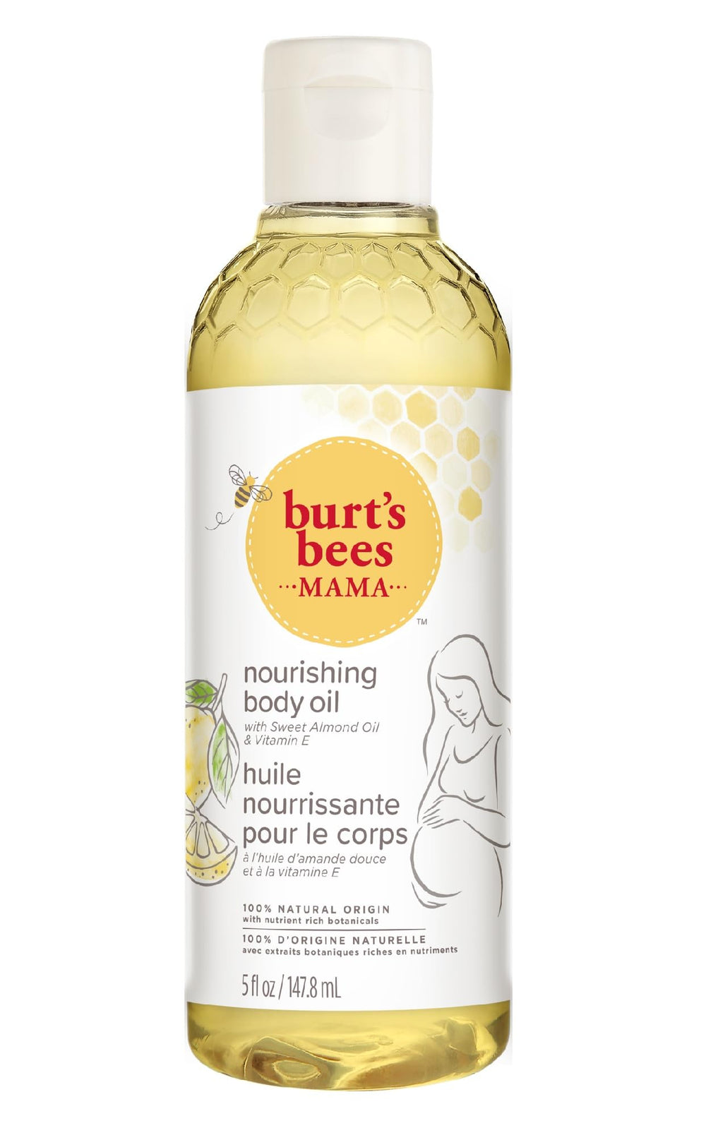 Burt's Bees Mama Body Oil bottle offers lightweight hydration for soft, supple pregnancy skin.