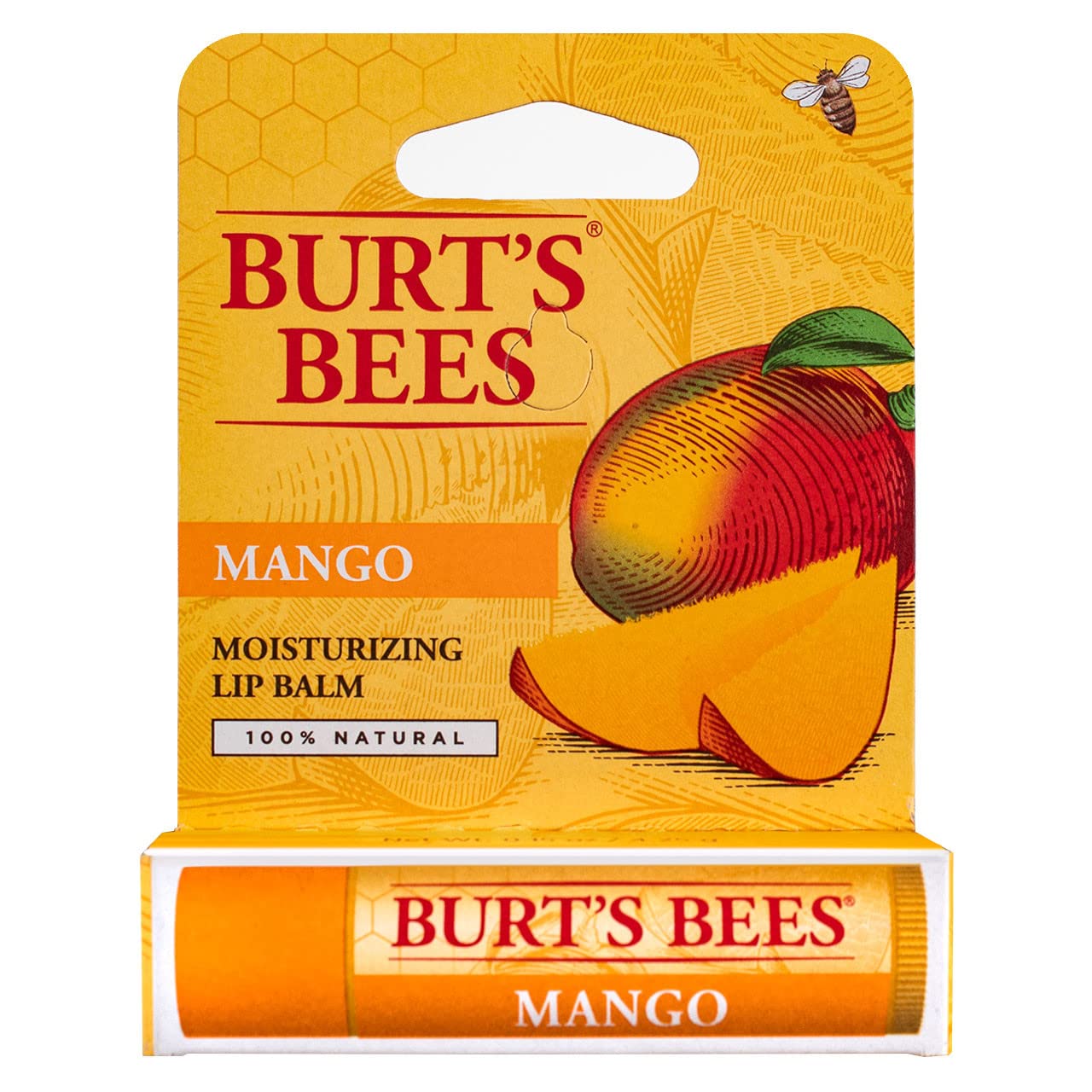 Close-up of Burt's Bees Mango Lip Balm tube showing mango fragrance and smooth application