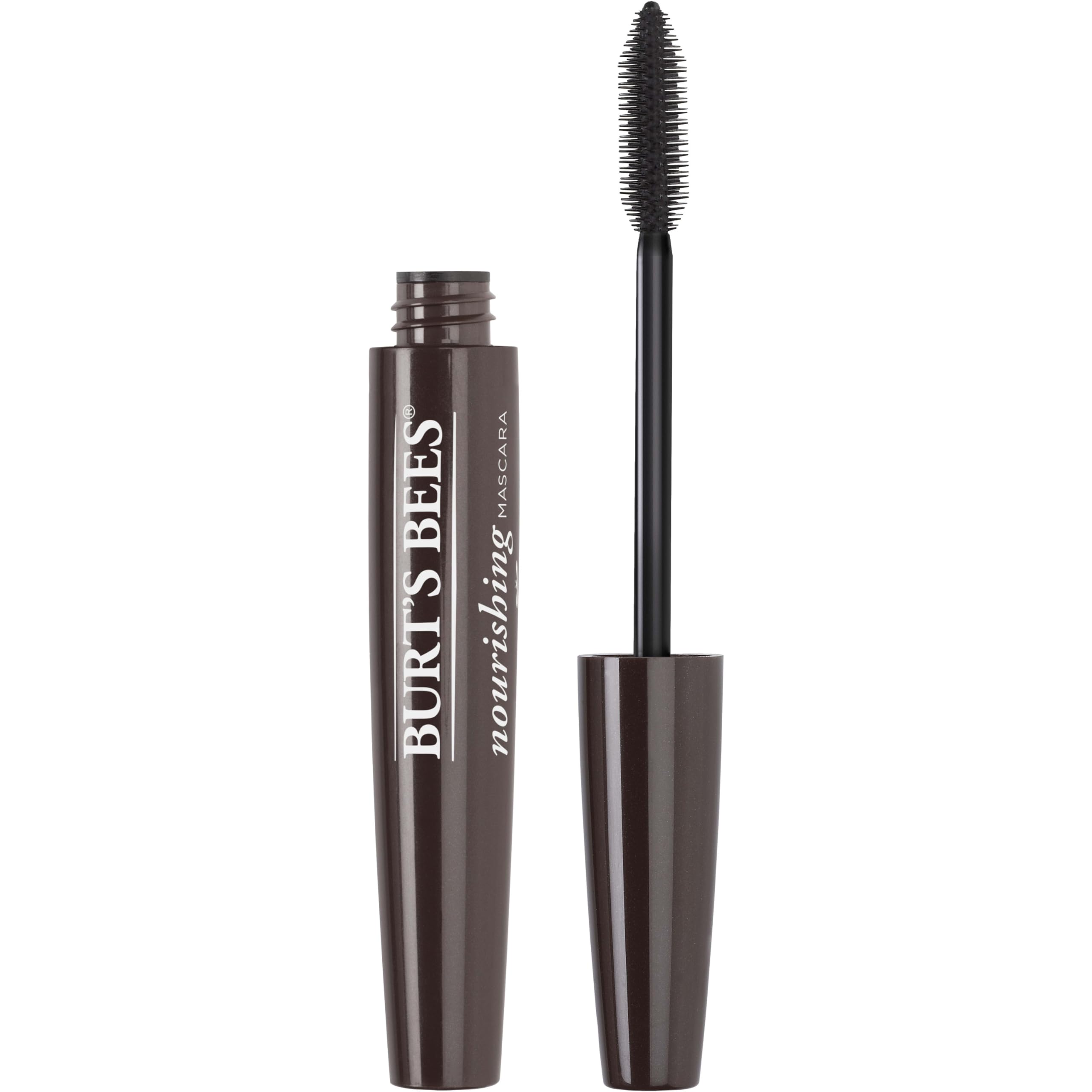 Burt's Bees Nourishing Mascara bottle closeup shows natural formula for daily lashes.