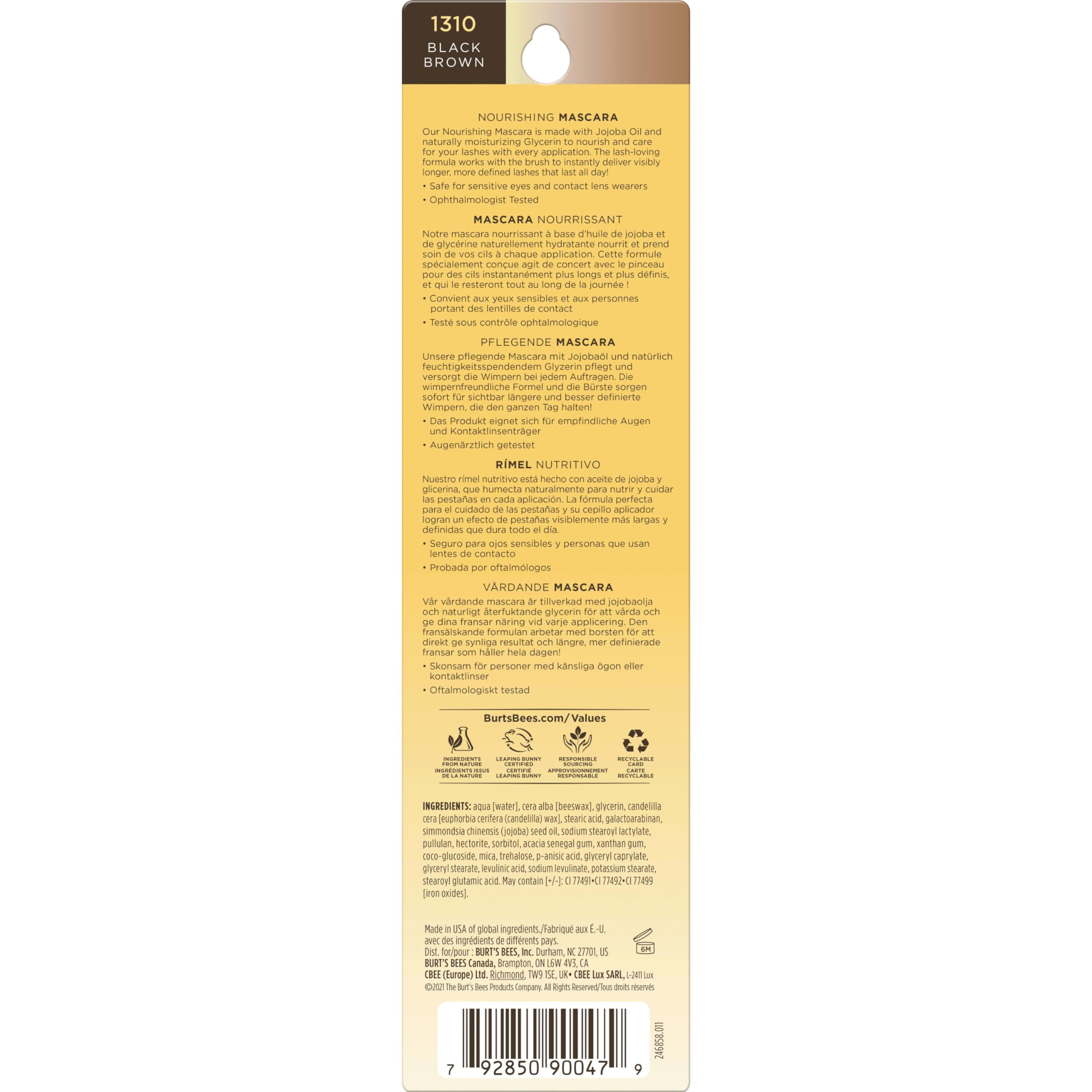 Burt's Bees Nourishing Mascara packaging emphasizes cruelty-free, natural makeup choice.