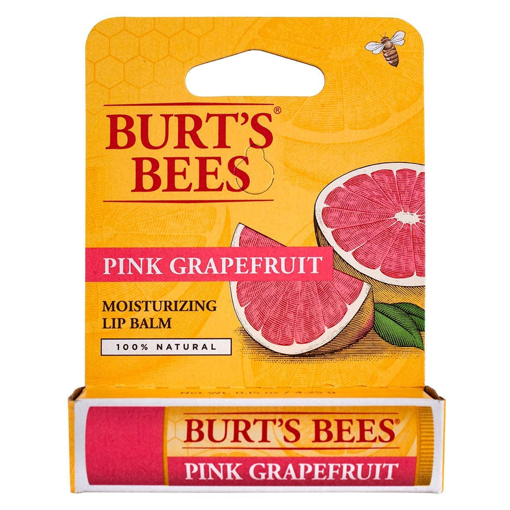 Close-up of Burt's Bees Pink Grapefruit lip balm application with citrus scent.