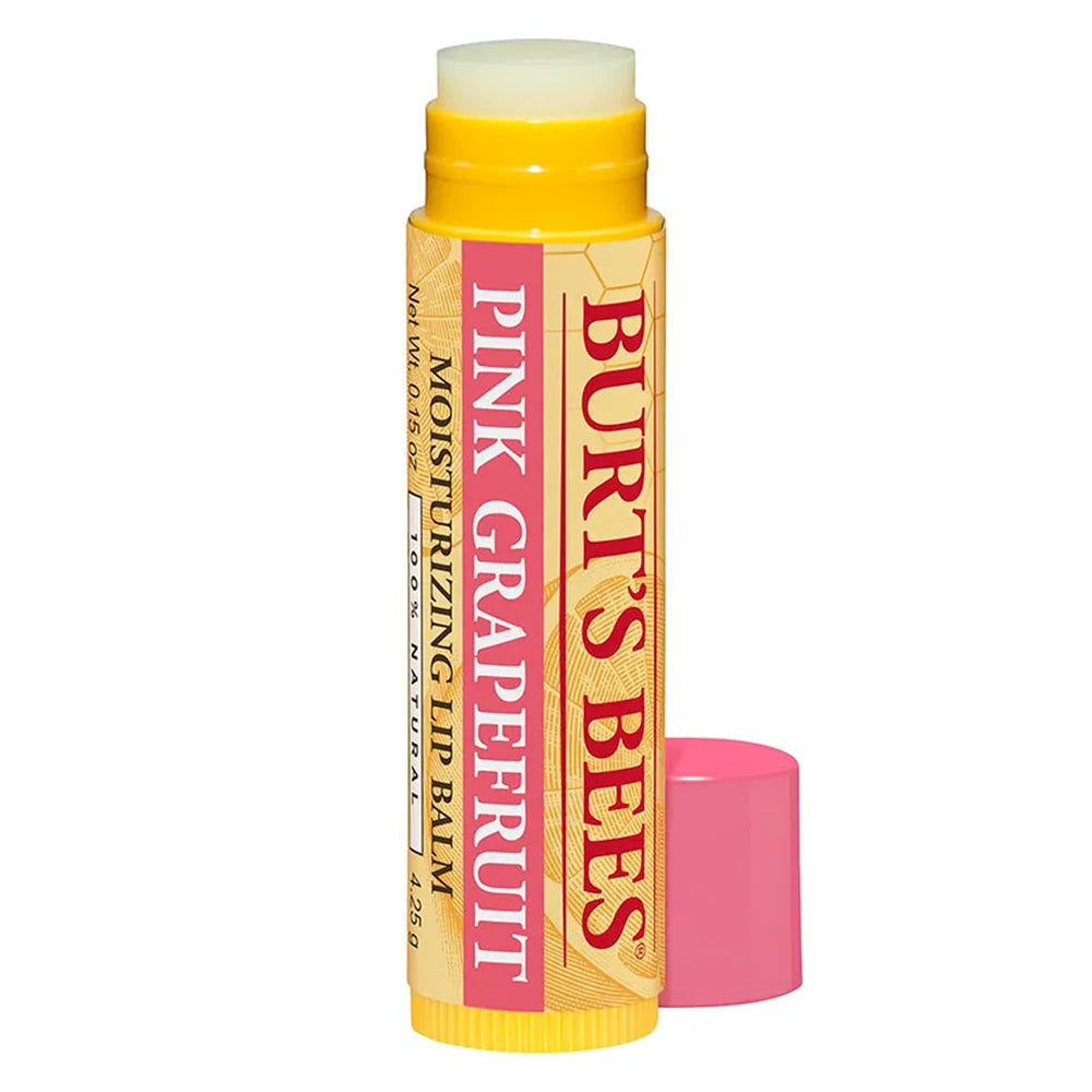 Cap-off view of Burt's Bees Pink Grapefruit lip balm showing smooth application.