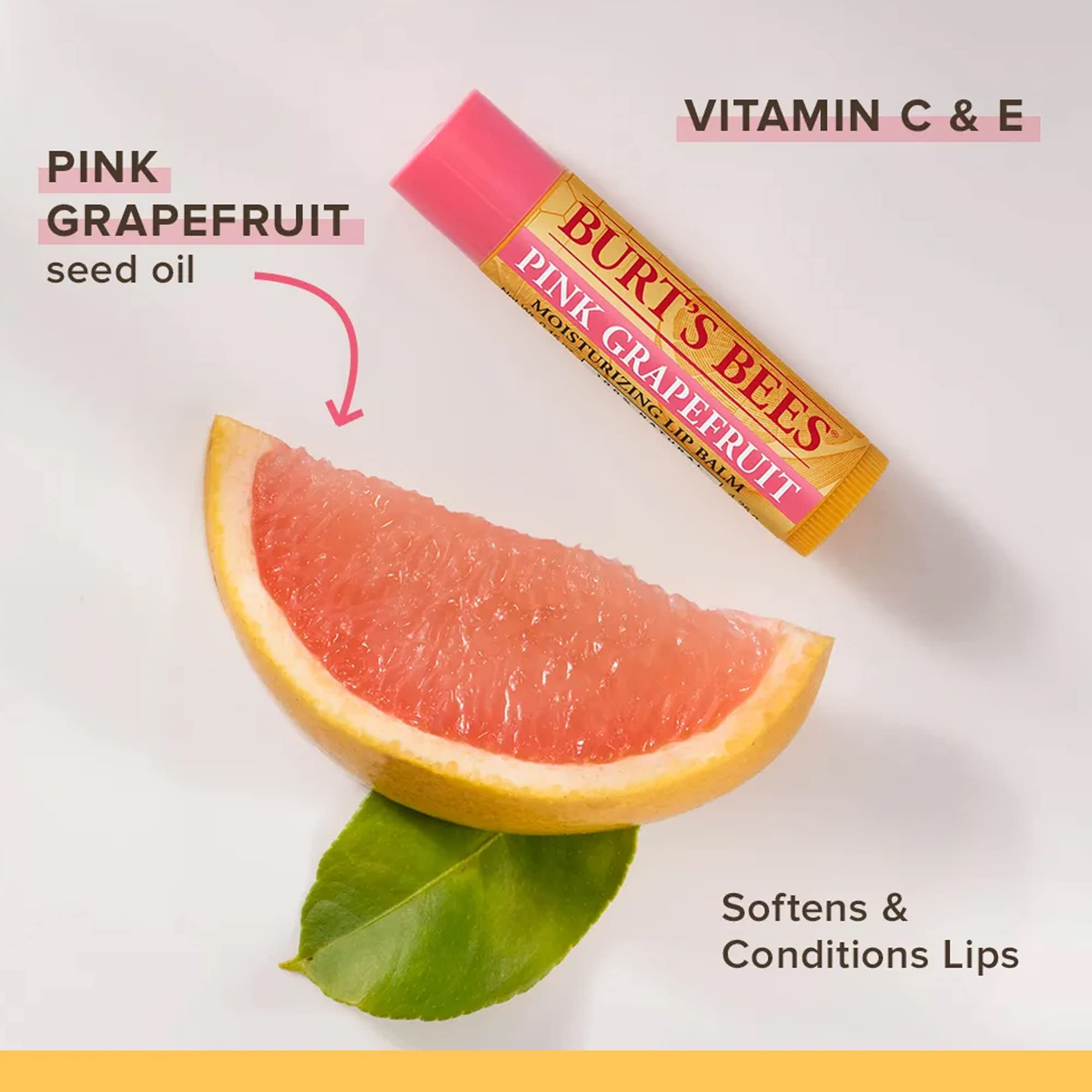 Travel-ready Burt's Bees Pink Grapefruit lip balm packaging fits in a pocket