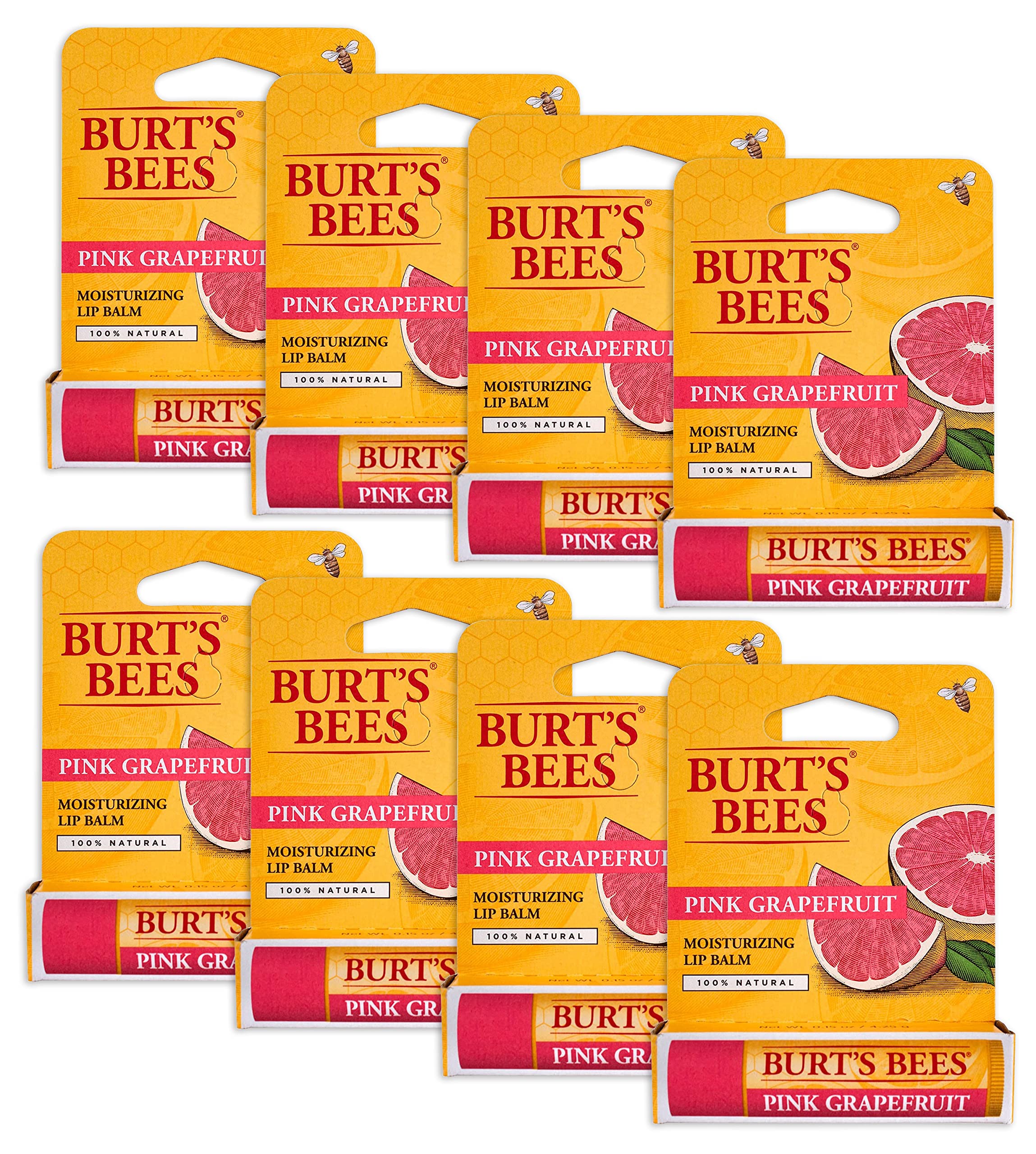 Burt's Bees Pink Grapefruit lip balm tube delivering natural moisture on the go.