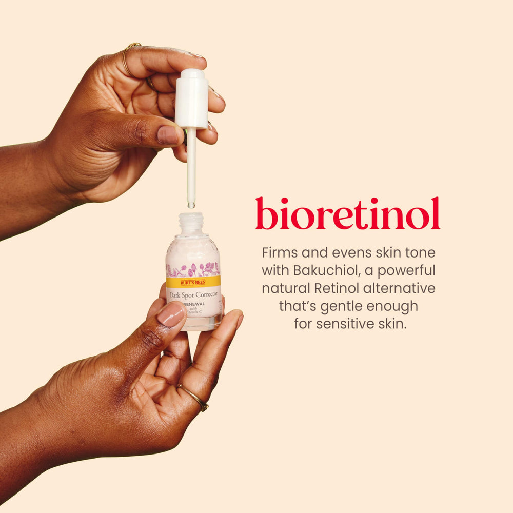 Burt's Bees Renewal label closeup shows bakuchiol, a natural retinol alternative, for gentler brightening.