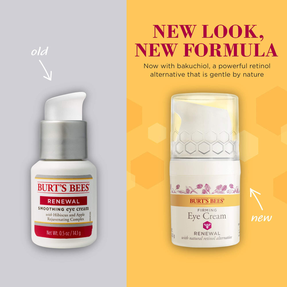 Apple-hibiscus visuals signal rejuvenating ingredients in Burt's Bees Renewal Eye Cream.