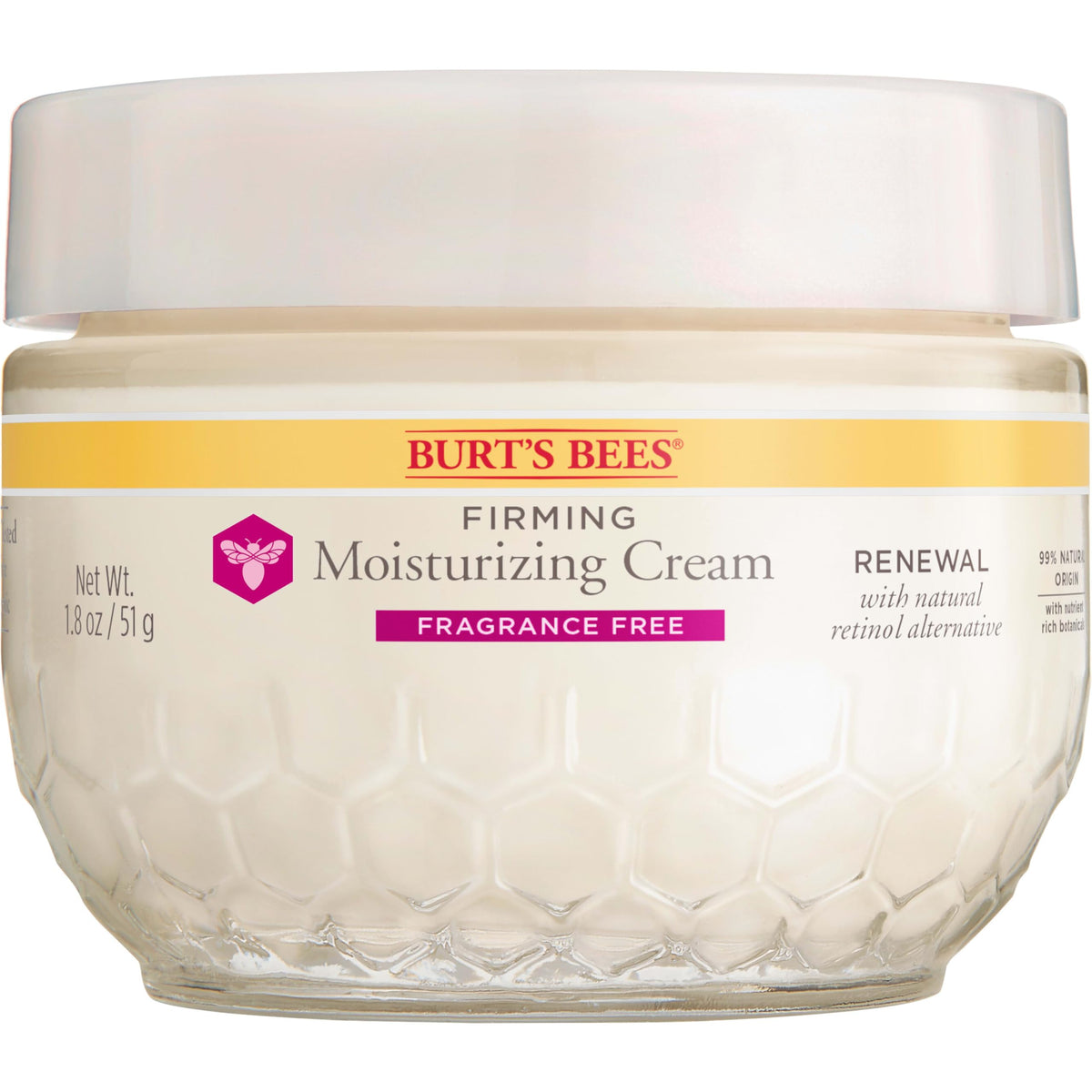 Burt's Bees Renewal fragrance-free face cream bottle highlighting fragrance-free, hydrating formula for daily use.