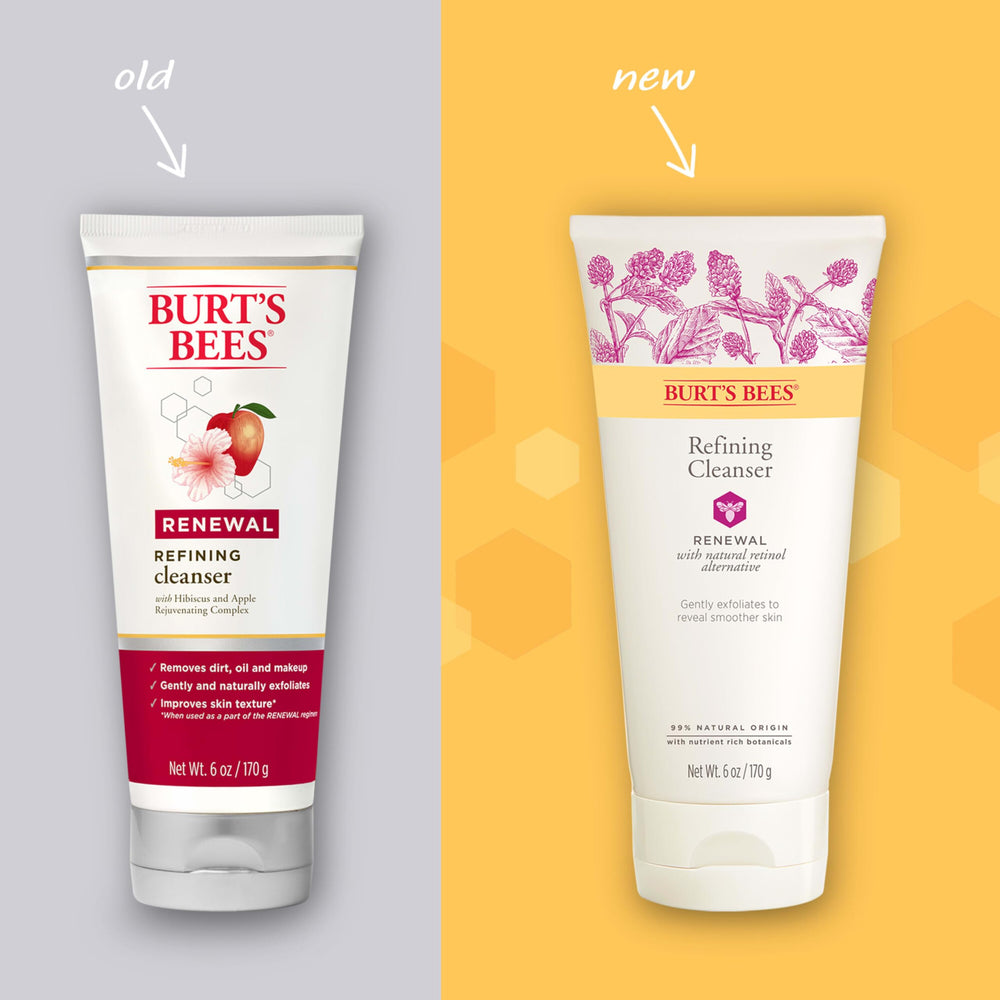Burt's Bees Renewal Refining Cleanser close-up shows creamy texture for exfoliation.