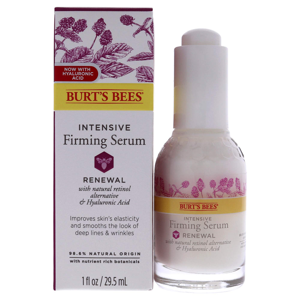 Burt's Bees Renewal Serum bottle front view highlighting a firming, hydrating formula.