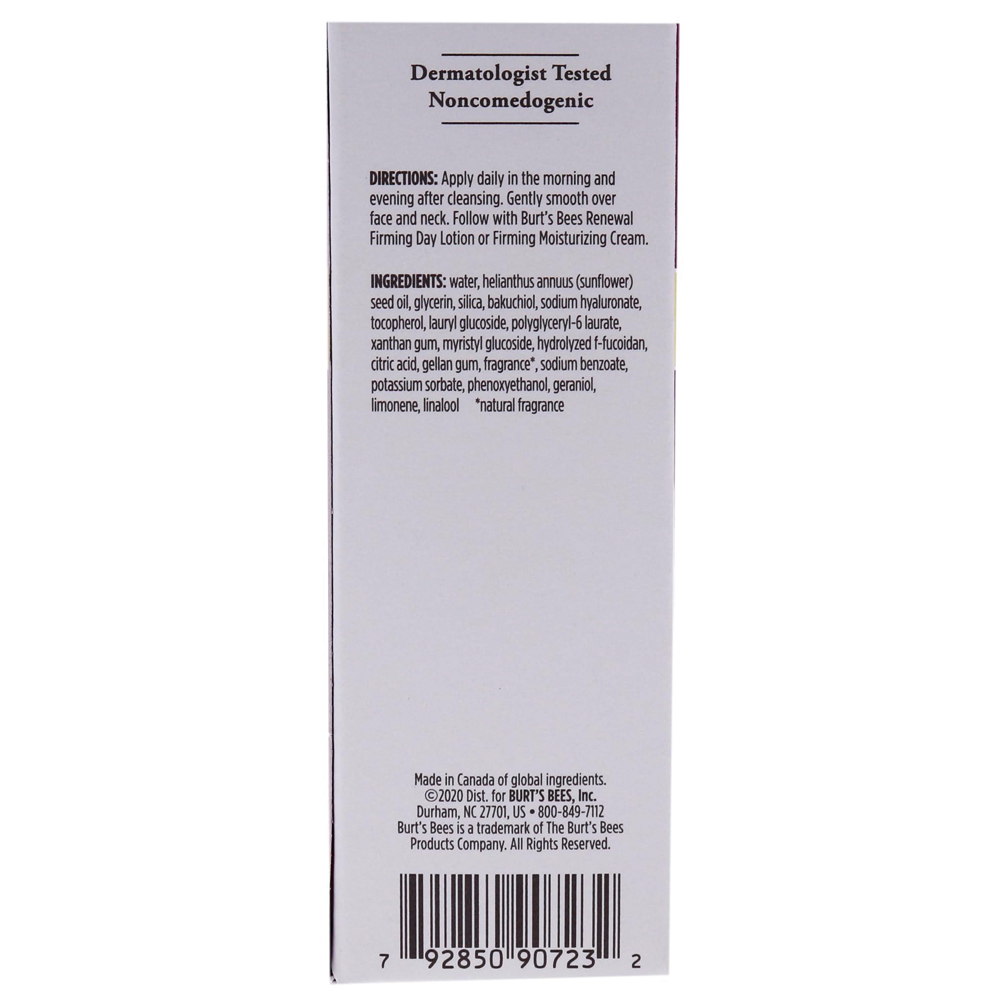 Dermatologist-tested Burt's Bees Renewal Serum label signals safe, noncomedogenic use.