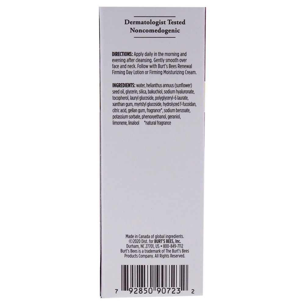 Dermatologist-tested Burt's Bees Renewal Serum label signals safe, noncomedogenic use.
