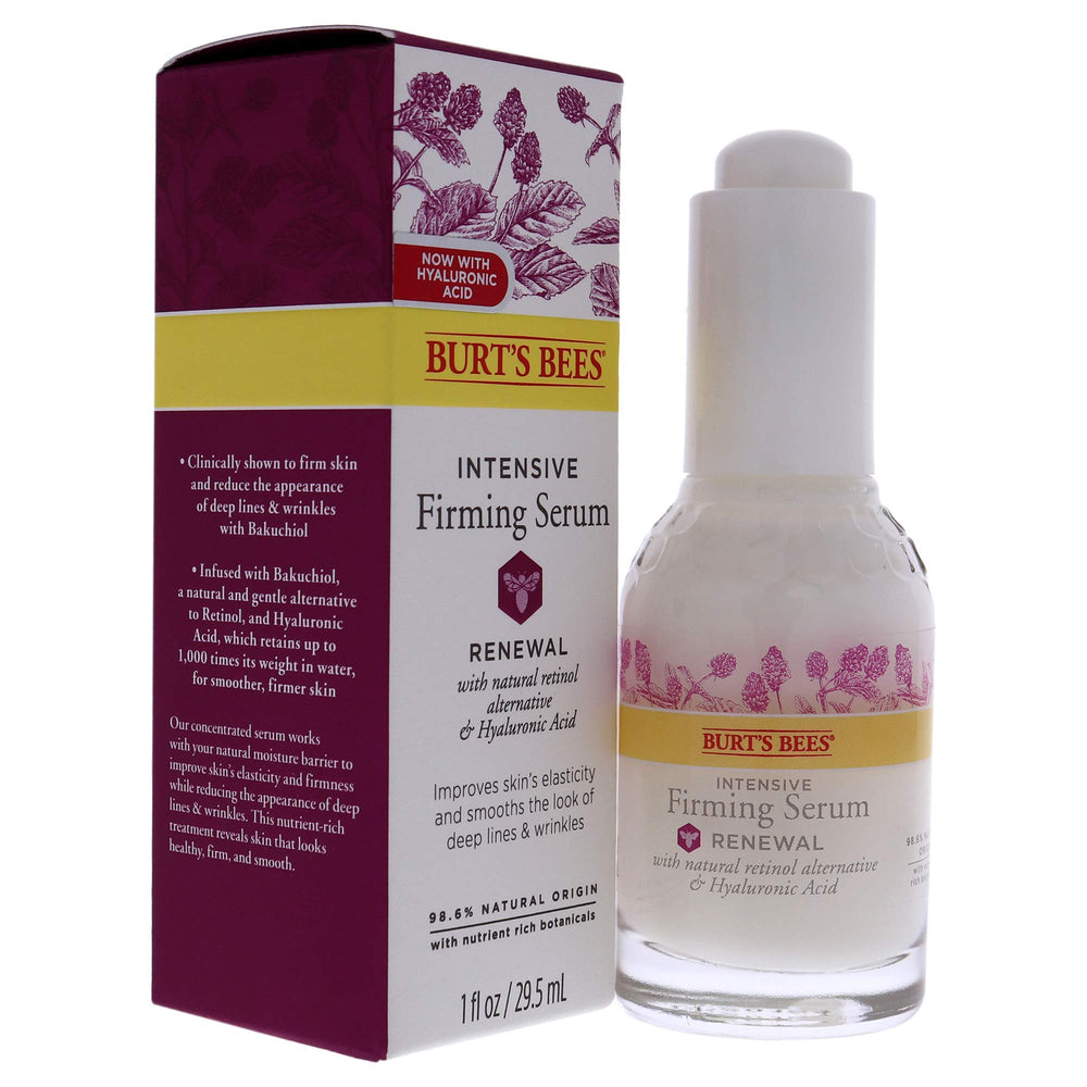Burt's Bees Renewal Serum hibiscus-apple complex close-up highlights moisture-locking ingredients for hydrated skin.