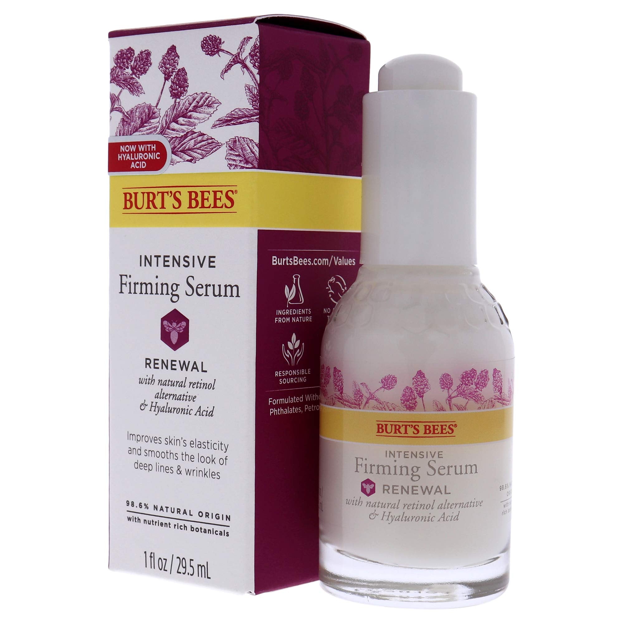 Burt's Bees Renewal Serum packaging demonstrates portable 1 oz size for daily use.