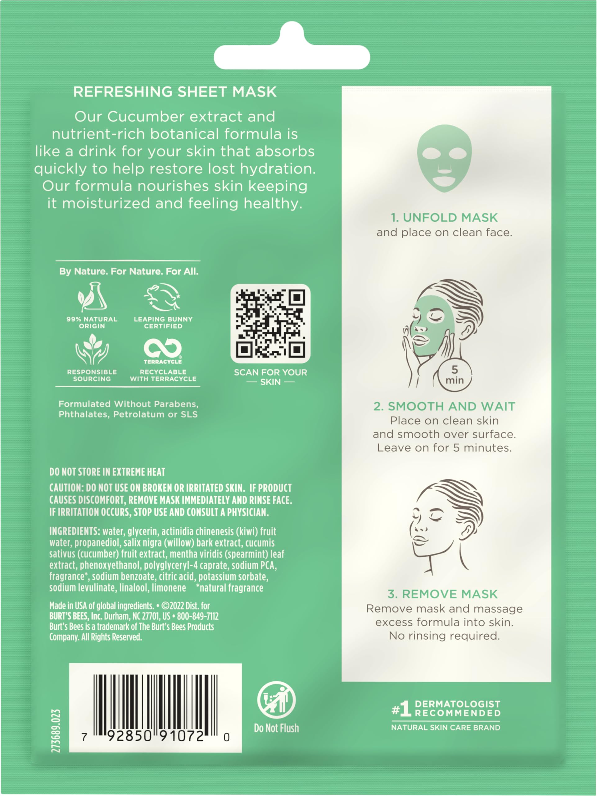 Burt's Bees refreshing sheet mask cucumber after-use skin looking soft and refreshed